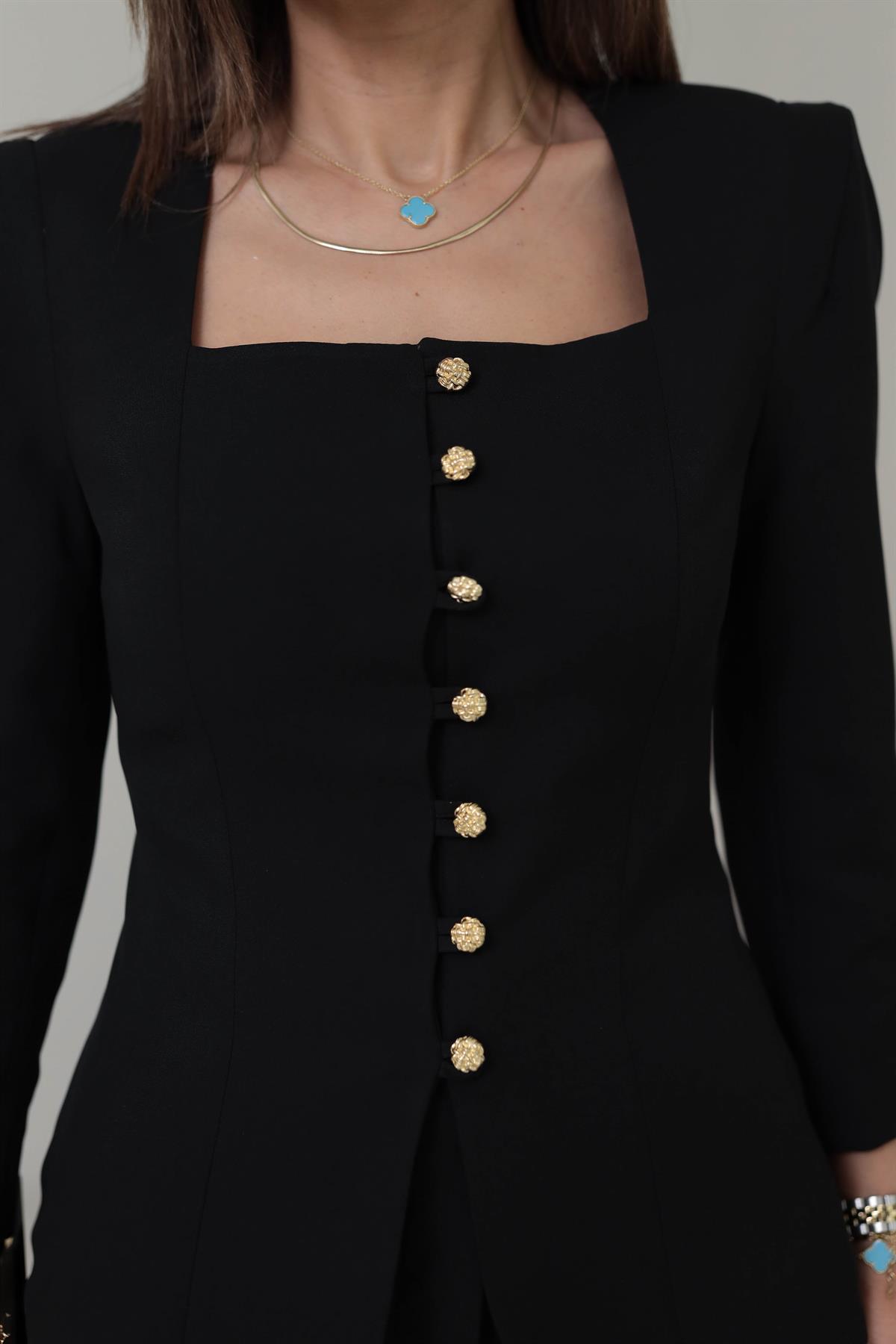 8637 Kare Yaka Gold Düğmeli Blazer Ceket SİYAH