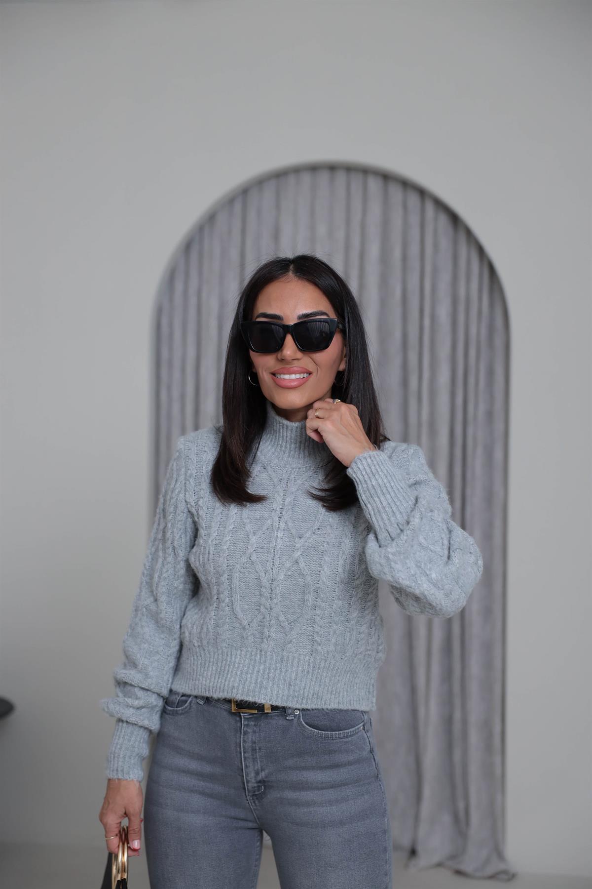 2549 Balıkçı Yaka Örgü Desen Kazak GRİ