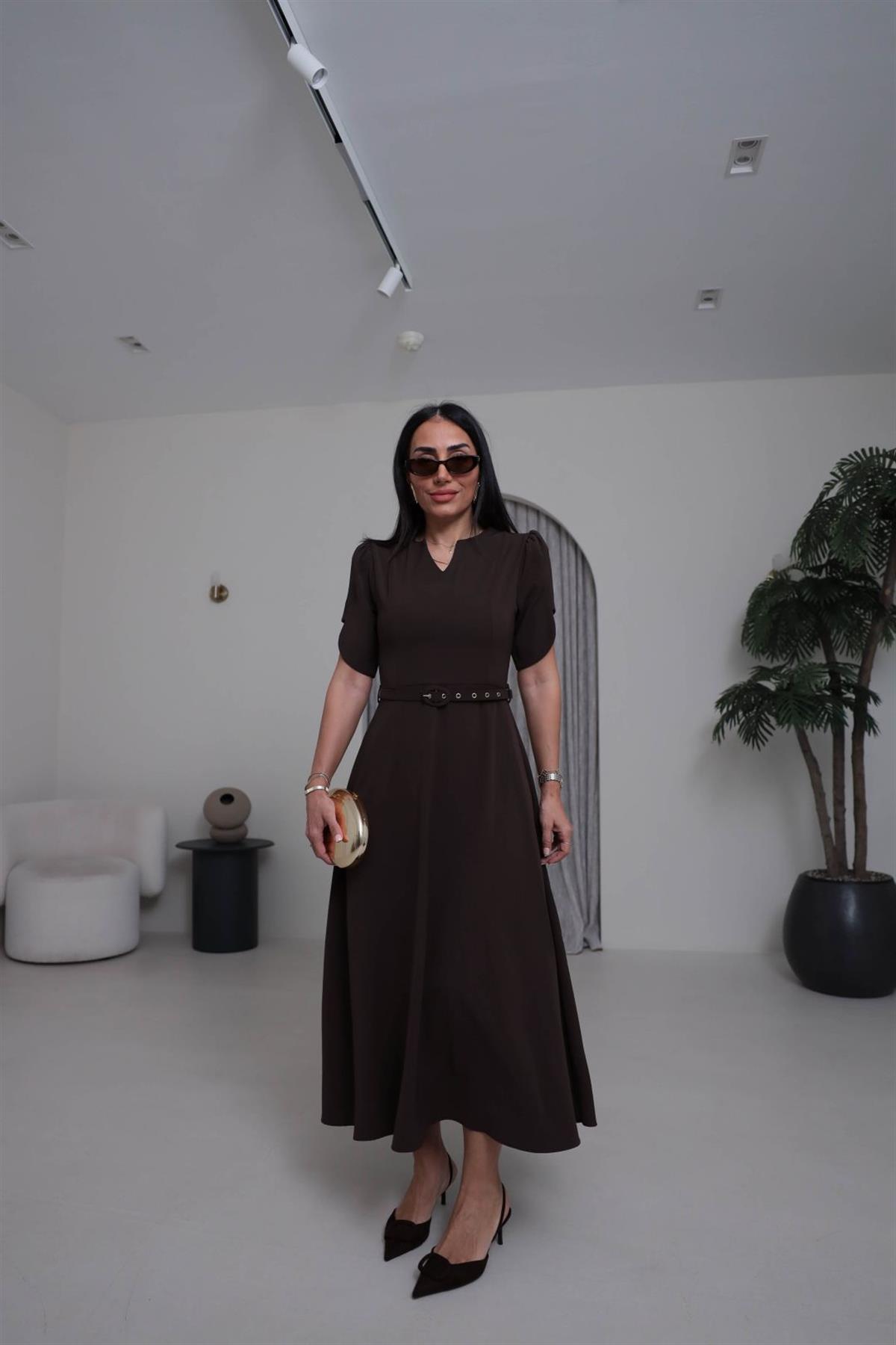 2343 Kemerli Kol Detaylı Kloş Elbise KOYU KAHVE