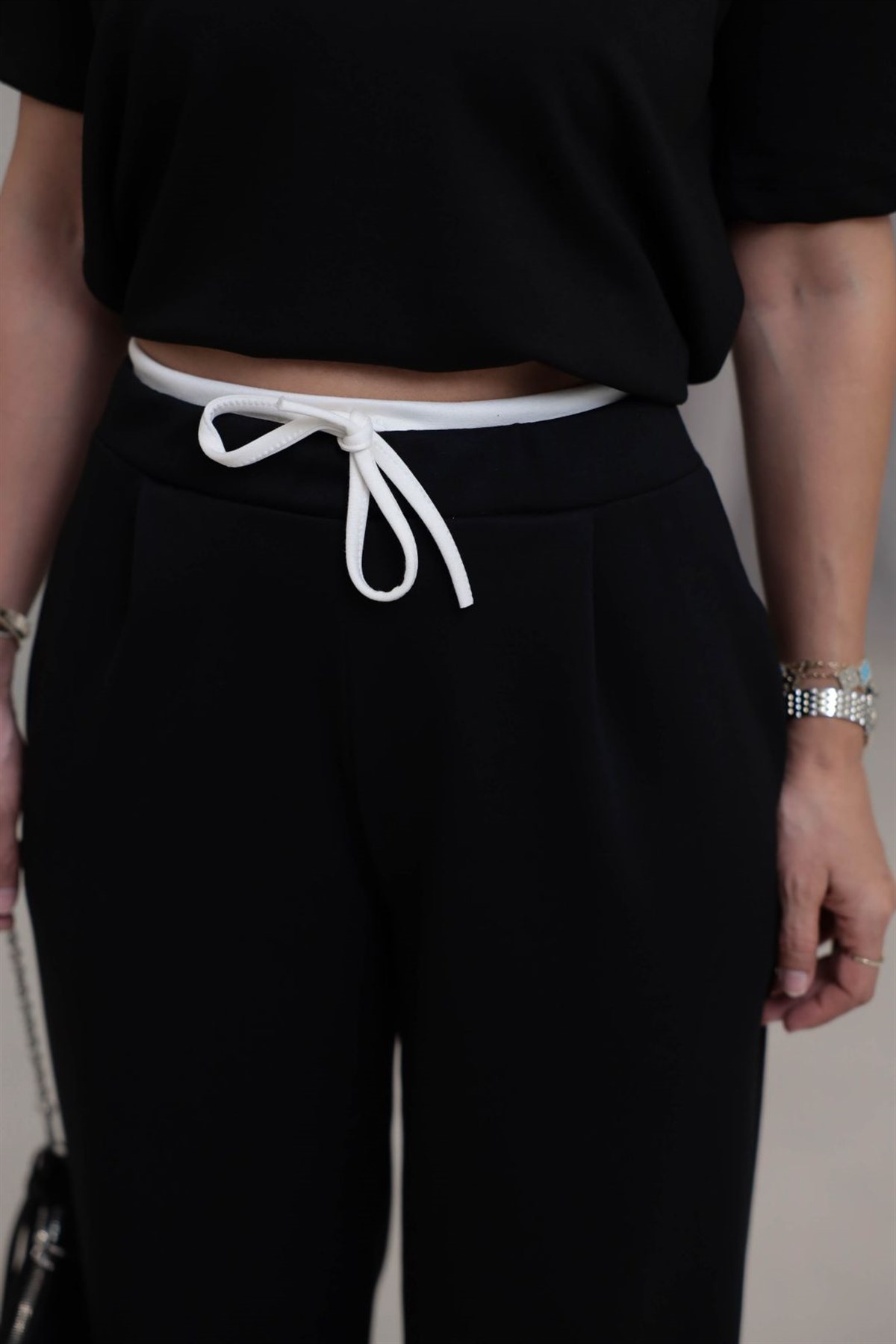 1538 Çift Renkli Bağcıklı Modal Pantolon SİYAH