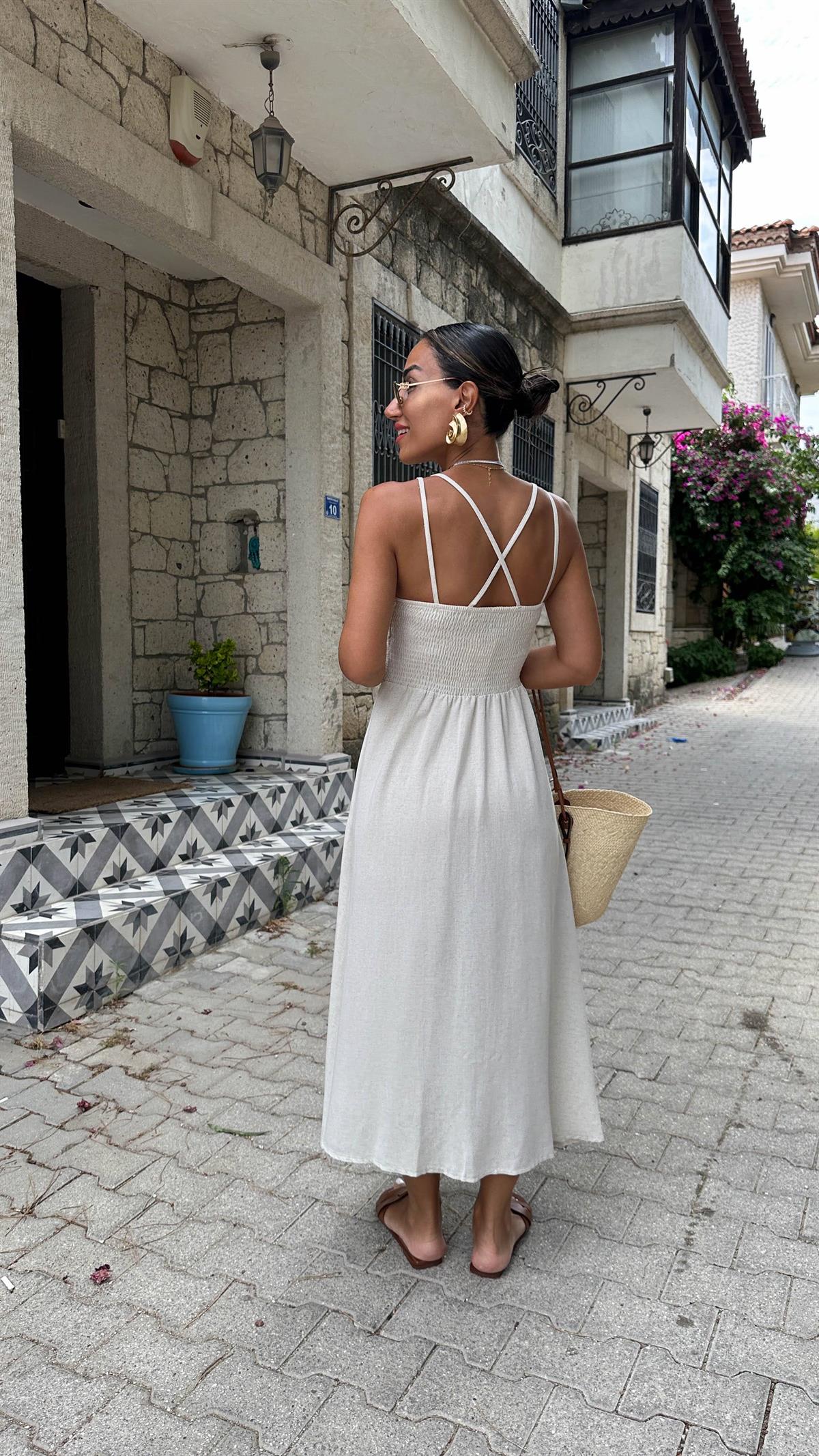 7333 Kroşeli Çapraz Askılı Keten Elbise