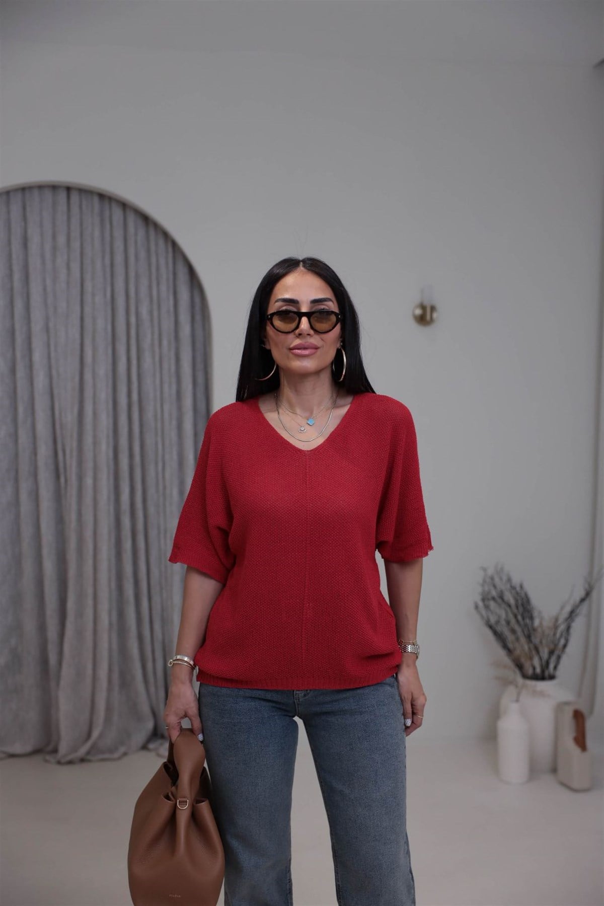 0174 Ajurlu Yarasa Kol Bluz KIRMIZI