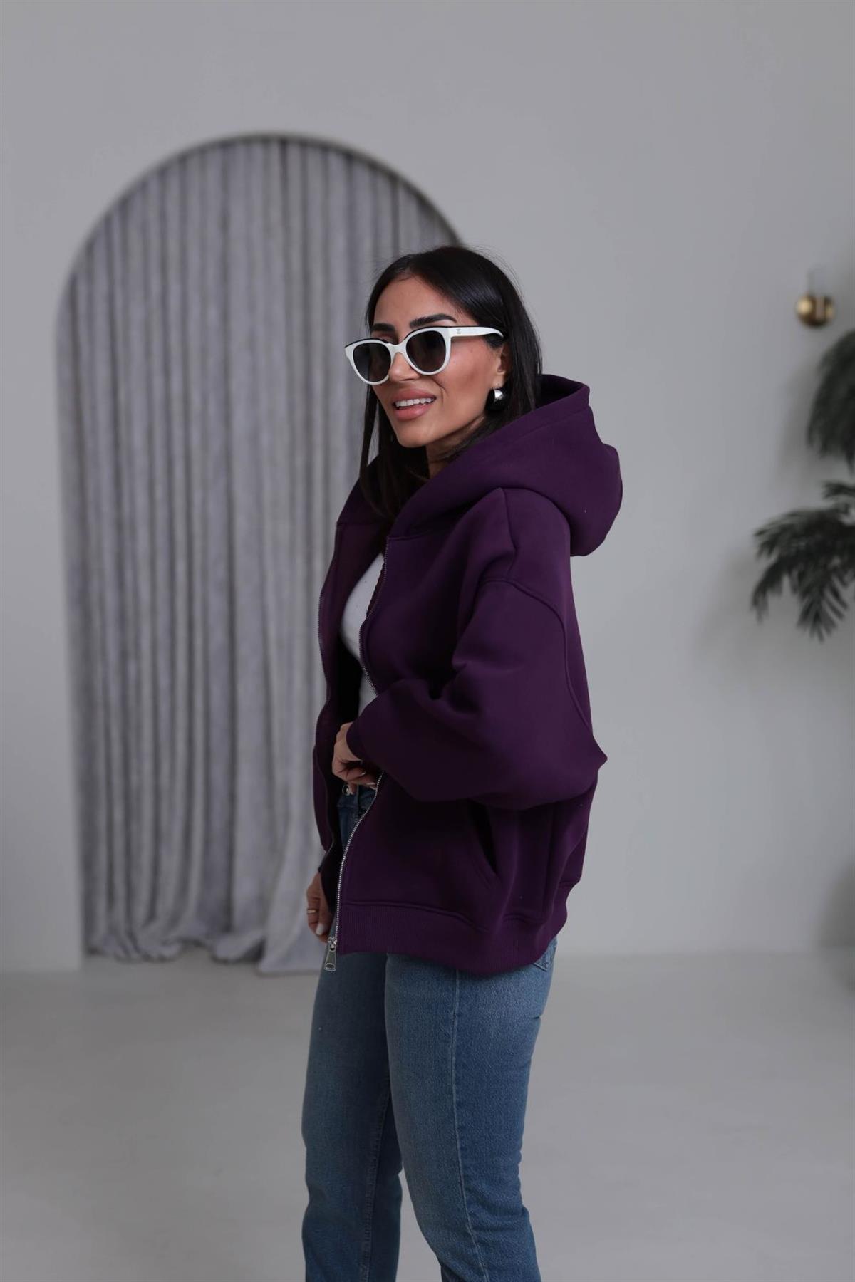 0822 Kapüşonlu Fermuarlı Şardonlu Sweatshirt MOR