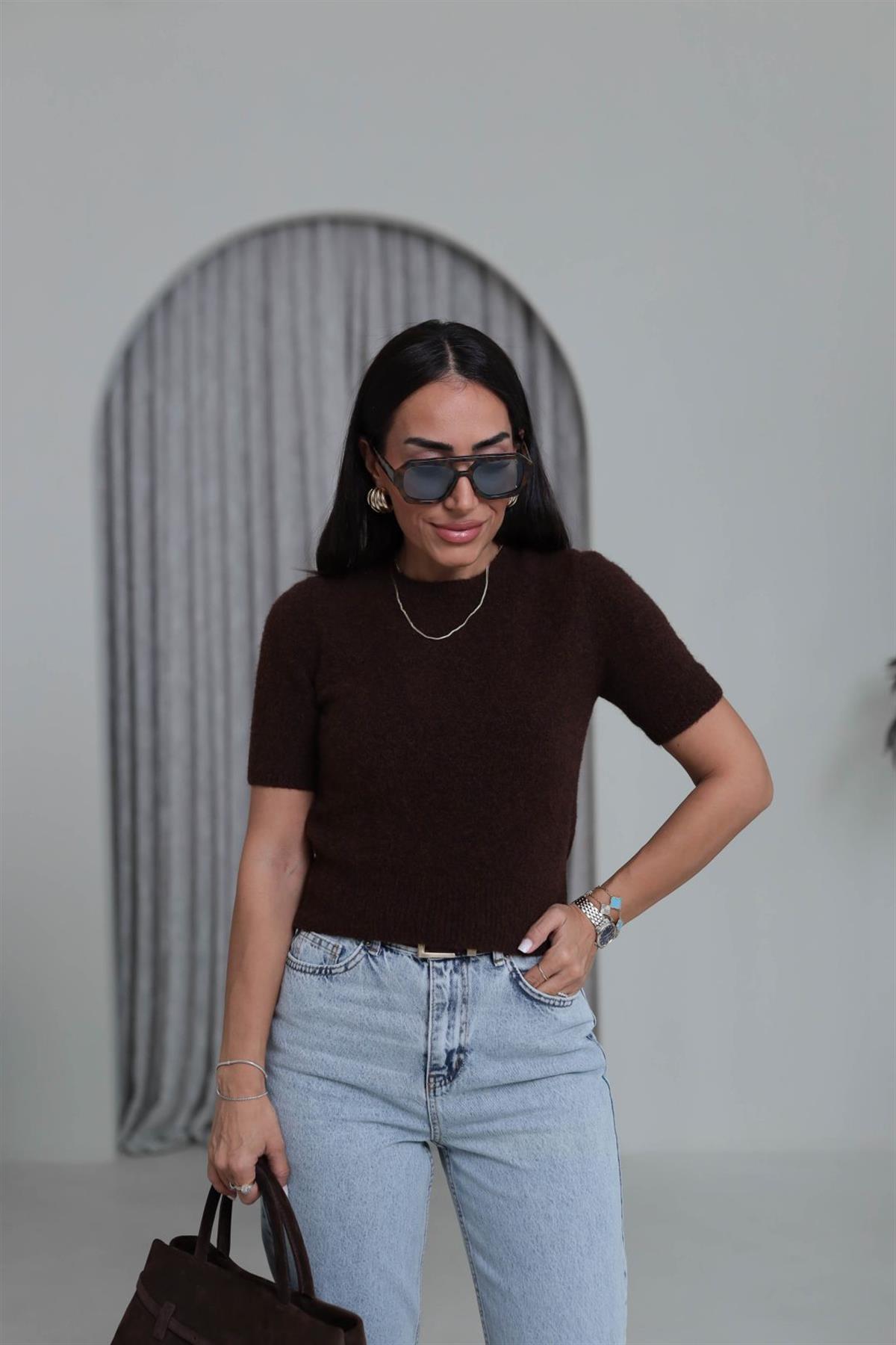 0651 Bisiklet Yaka Yumuşak Dokulu Kısa Kol Triko Kazak KAHVE