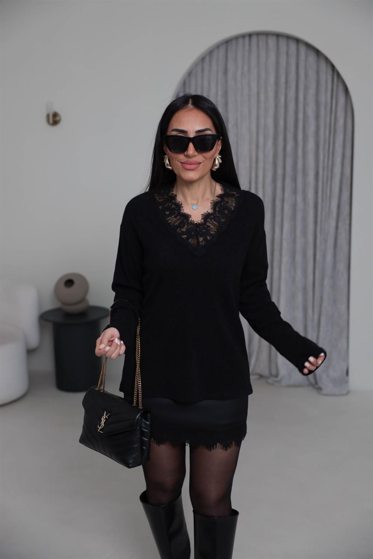 7296 V Yaka Dantelli Triko Kazak SİYAH