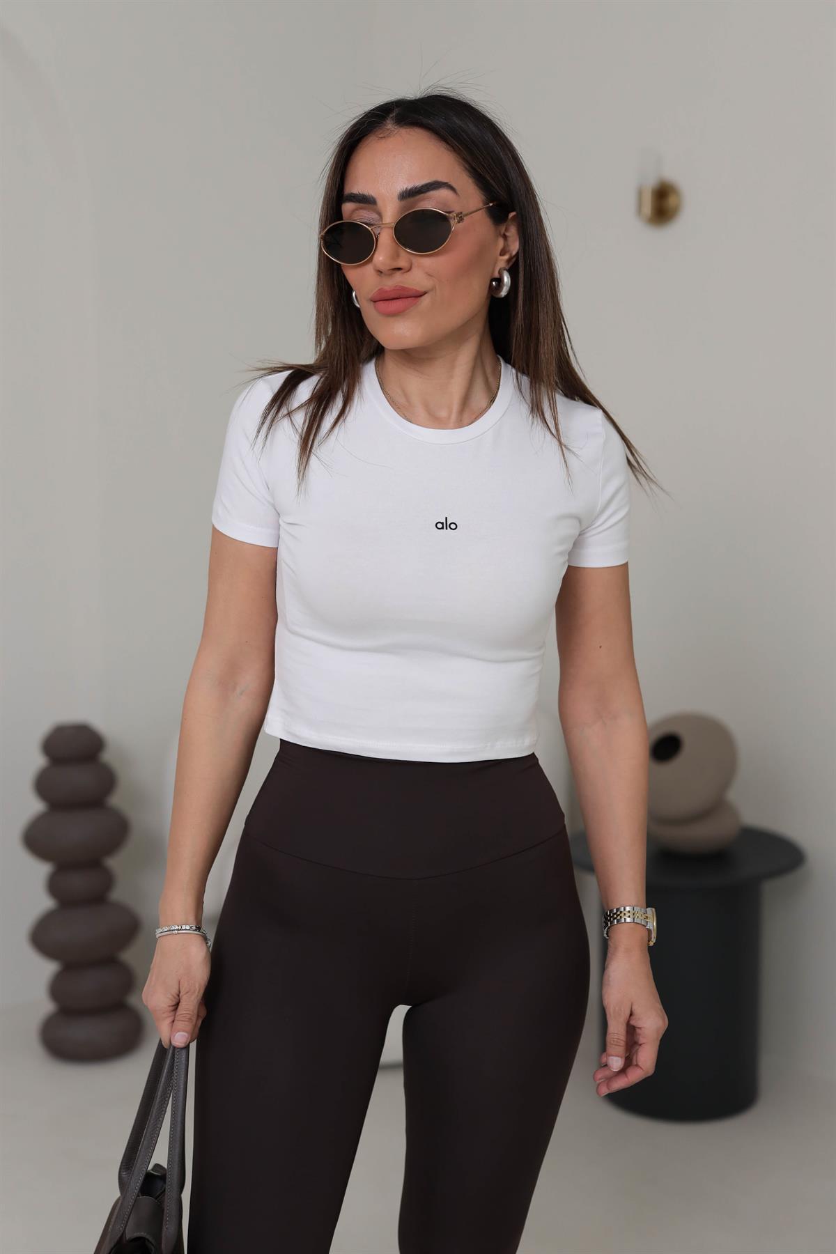 8601 Yazı Detaylı Crop Tshirt BEYAZ