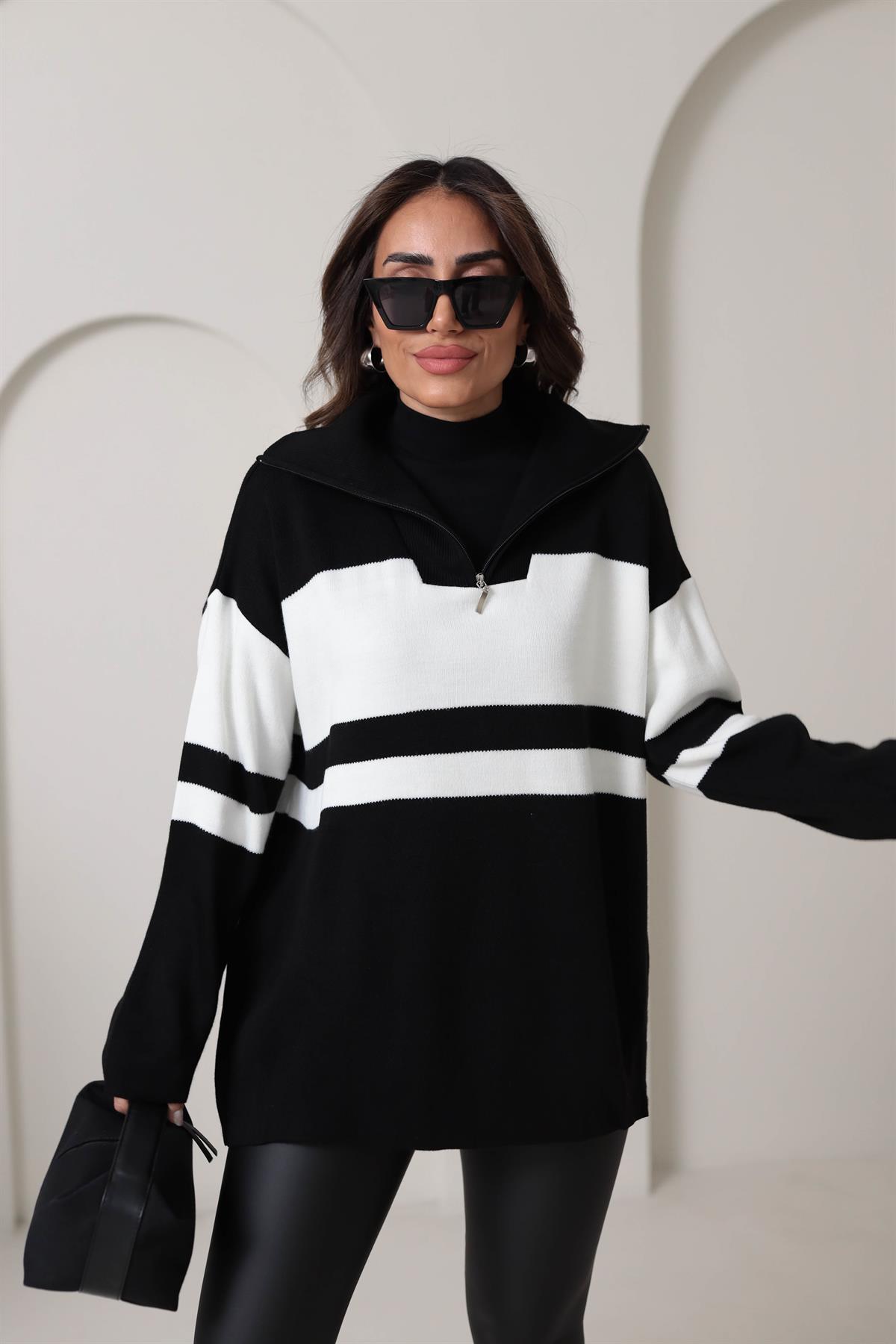 0011 Büyük Çizgili Fermuarlı Tunik Kazak SİYAH-EKRU