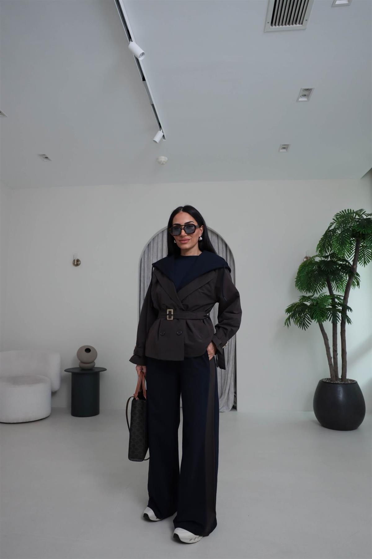 6984 Çıkarılabilir Kapşonlu Trençli Eşofman Takımı ACI KAHVE