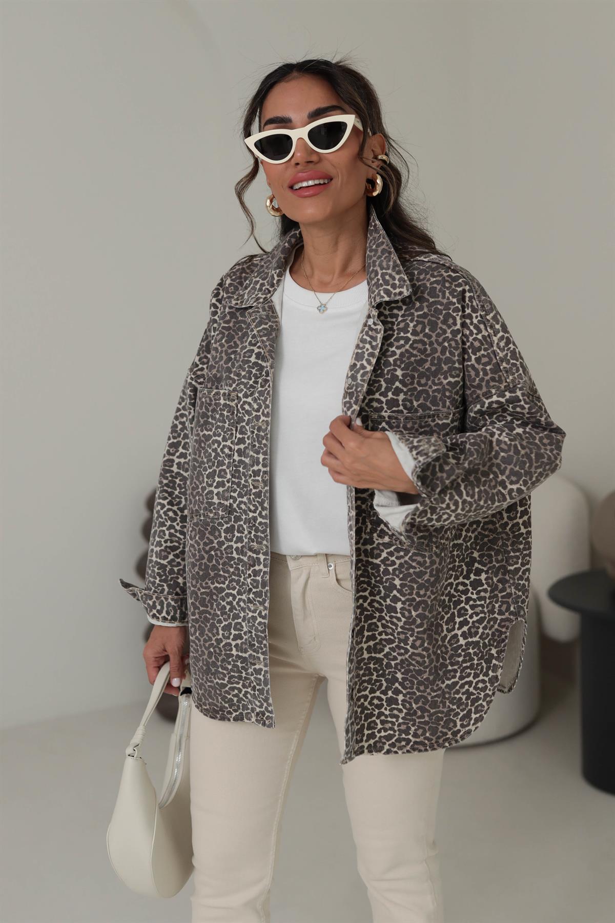 0737 Cep Detaylı Leopar Oversize Gömlek Ceket LEOPAR