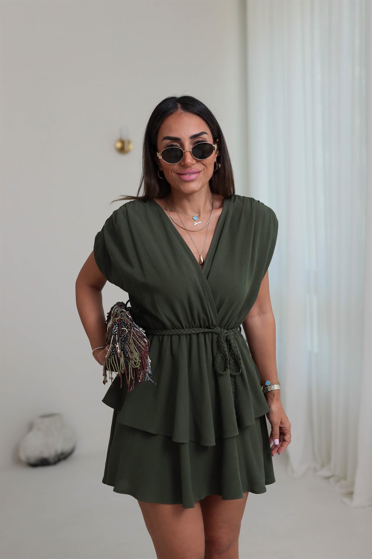 0306 Eteği Kat Kat Kruvaze Kemerli Keten Elbise HAKİ YEŞİL