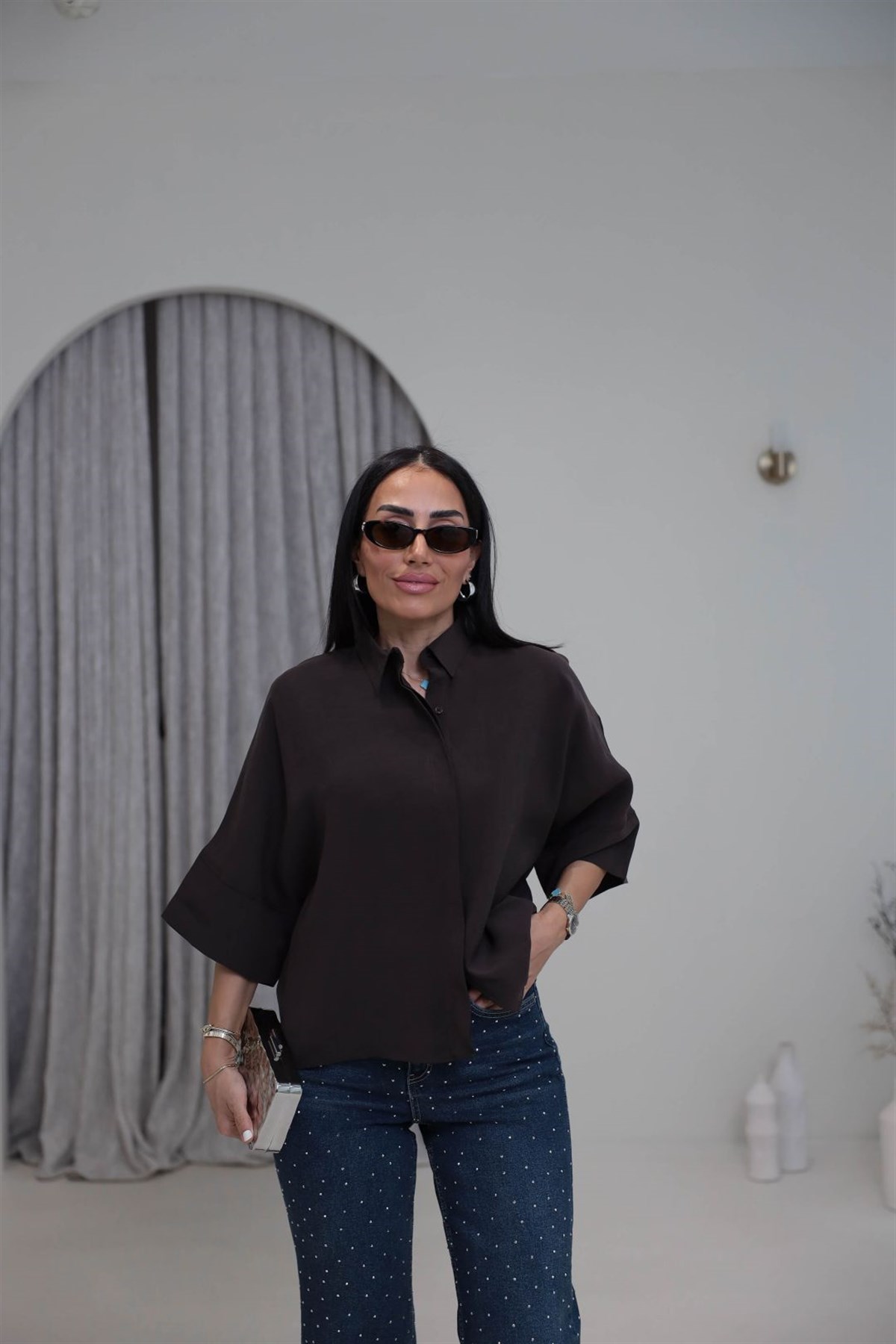 8406 Kısa Kol Tencel Gömlek KAHVE