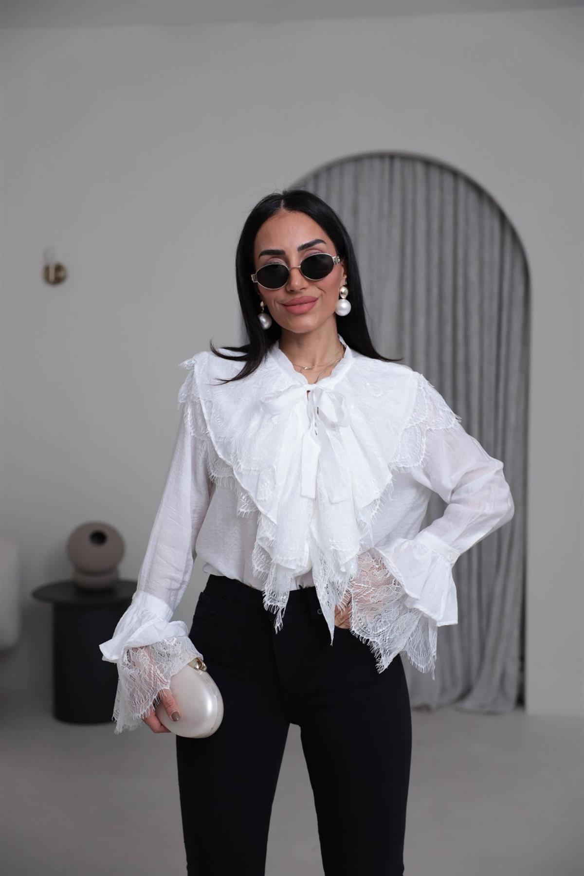 4512 Güpür Detaylı Önden Bağlamalı Gömlek BEYAZ