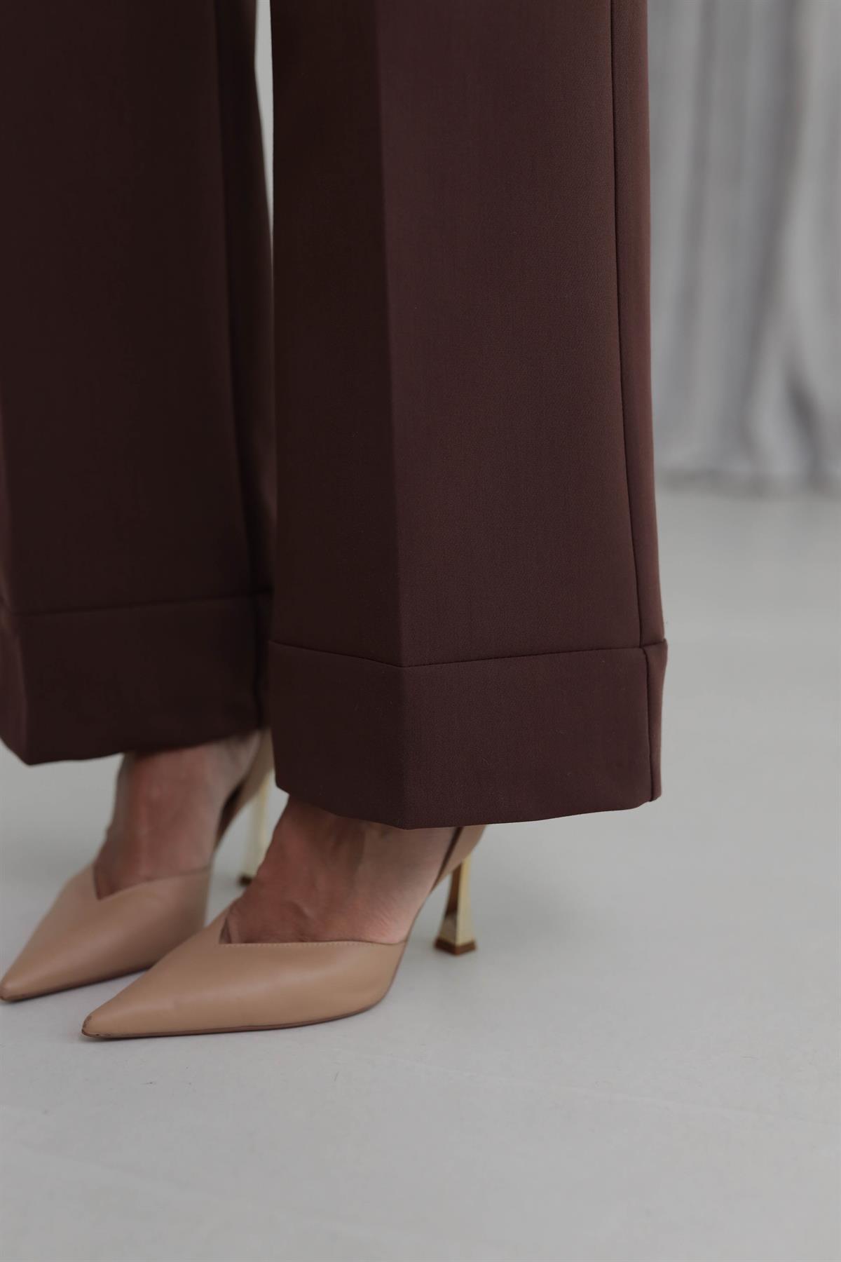 7050 Kemerli Paçası Dikiş Detay Palazzo Pantolon KAHVE