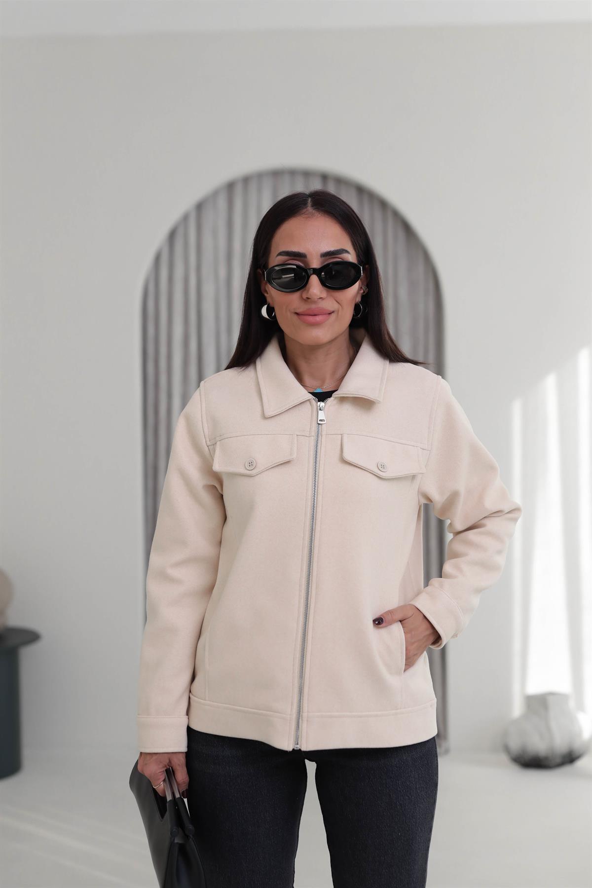 2806 Gömlek Yaka Detay Kaşe Ceket KREM