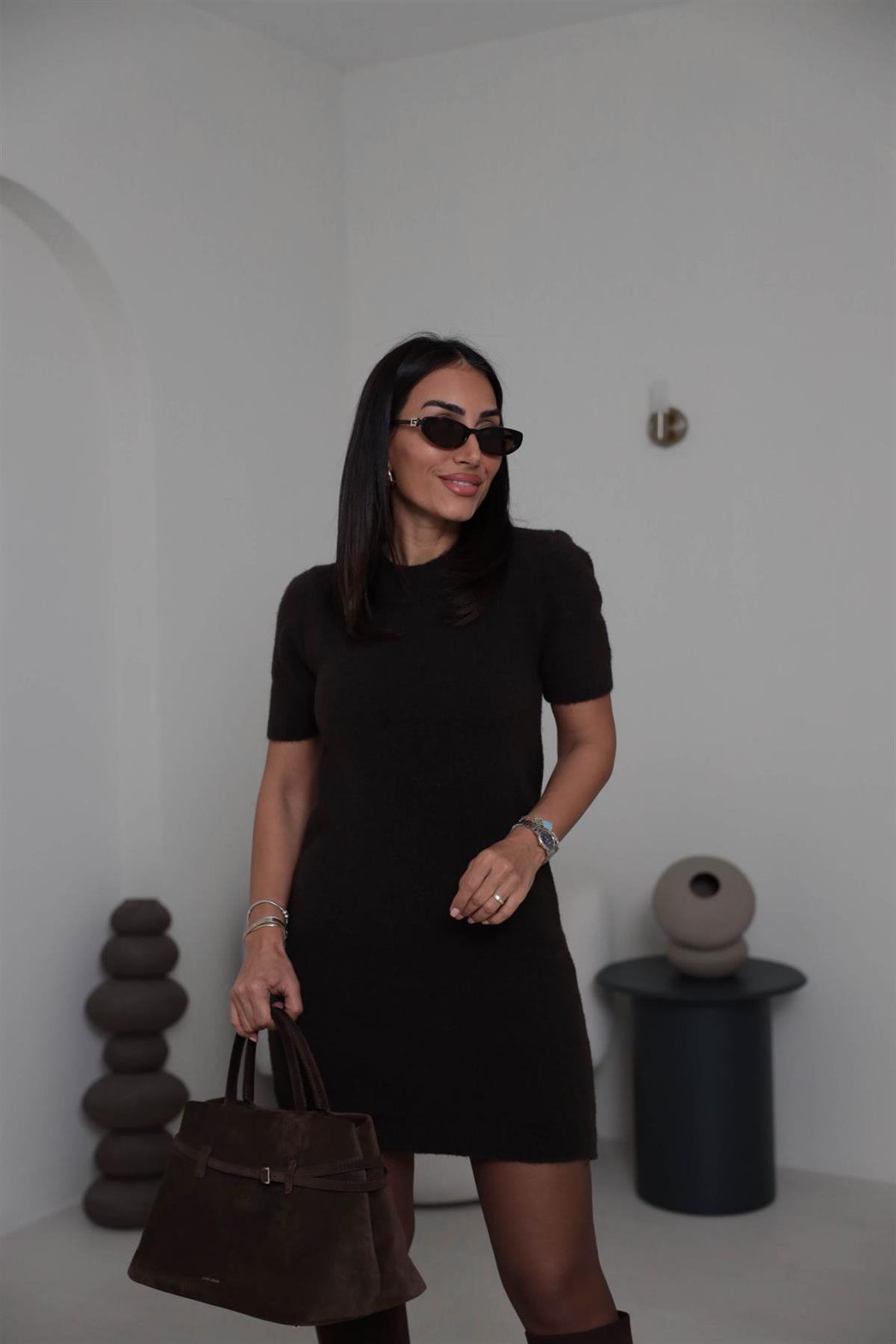 0257 Bisiklet Yaka Yumuşak Dokulu Elbise ACI KAHVE