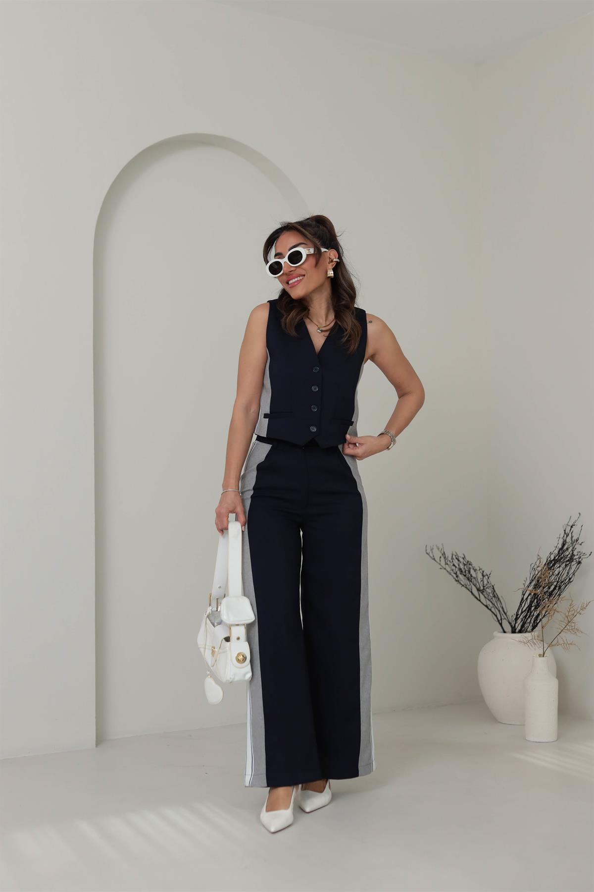 1998 Şeritli Garnili Yelek LACİVERT