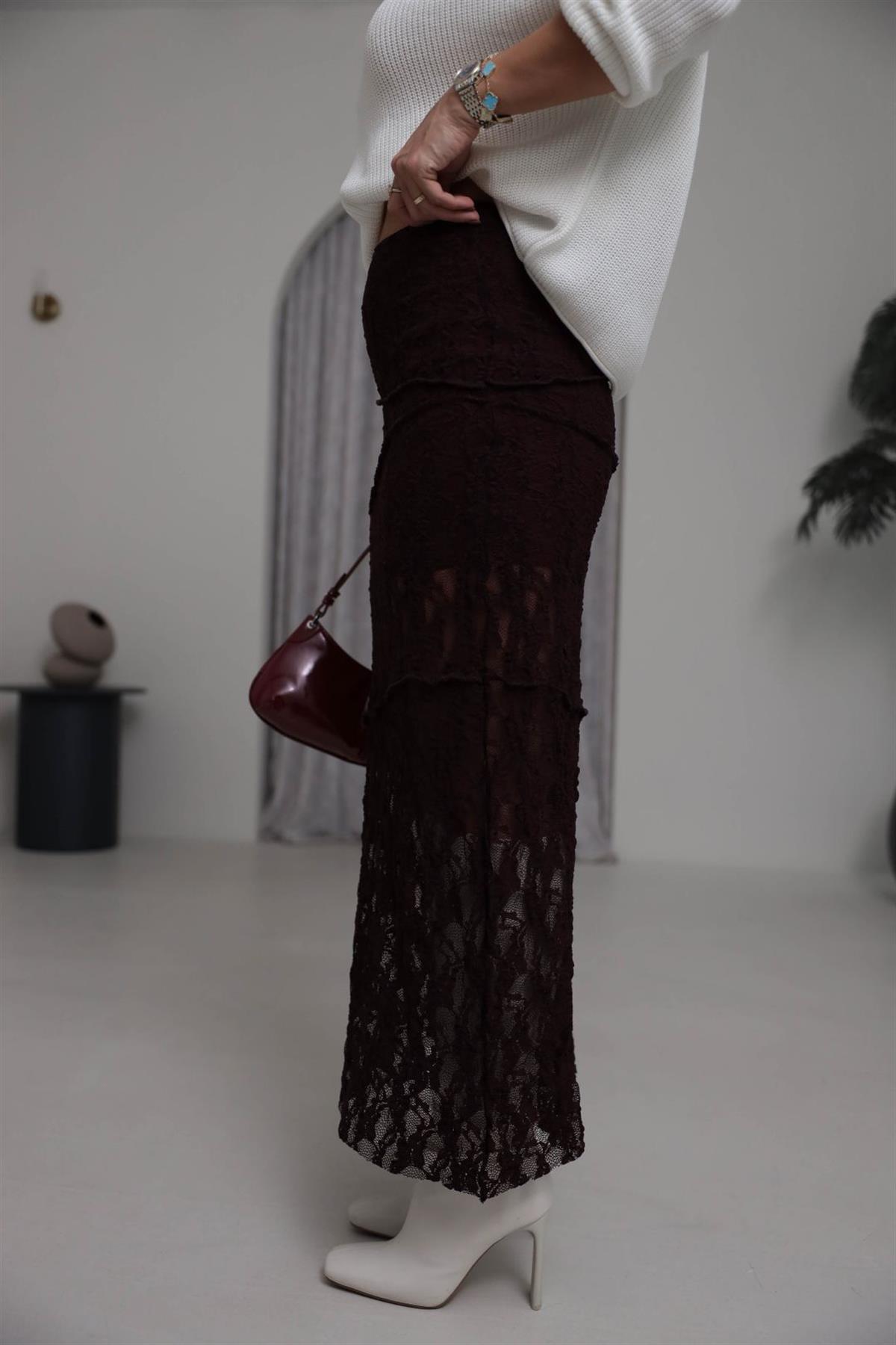 8818 Astarlı Dikiş Detaylı Dantel Etek MÜRDÜM