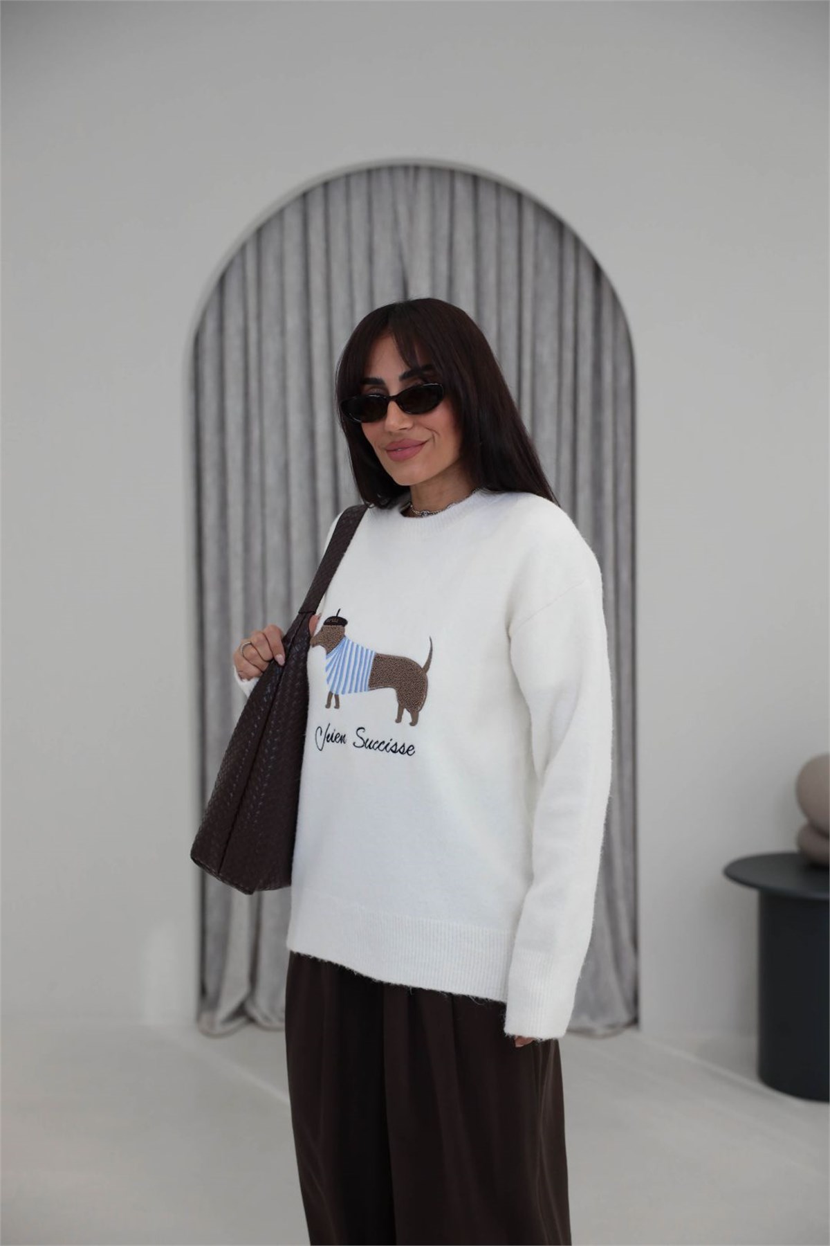 5403 Cozy Dog Nakışlı Yumoş Kazak EKRU