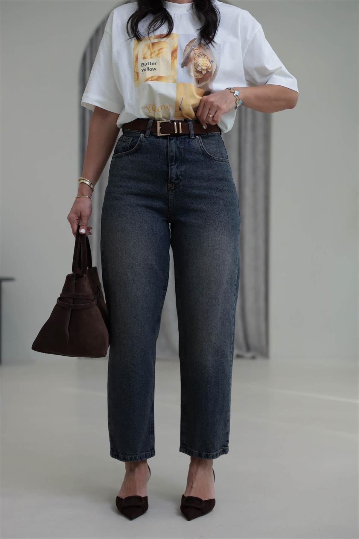 3010 Kemerli Yüksek Bel Baggy Jean KOYU TİNTLİ