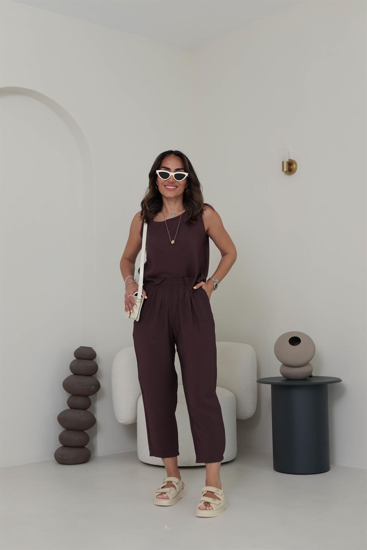 3089 Tencel Kumaş Kolsuz Takım ACI KAHVE