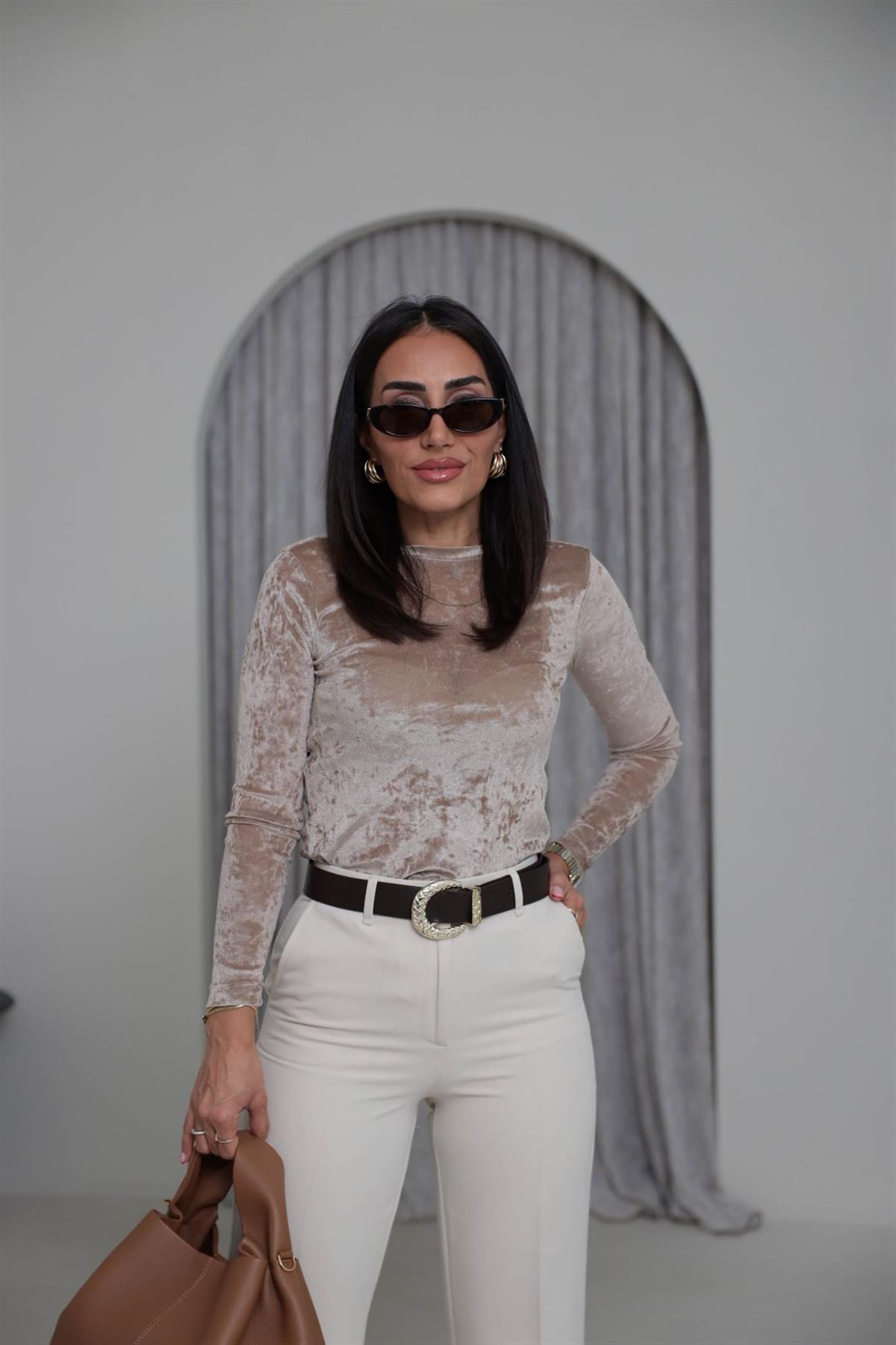 7120 Bisiklet Yaka Tül Kadife Bluz BEJ