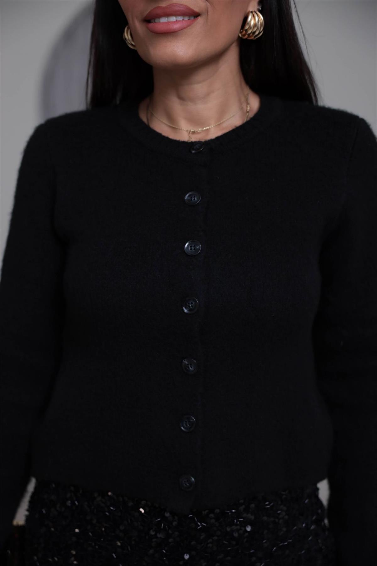 0157 Bisiklet Yaka Düğmeli Yumoş Hırka SİYAH