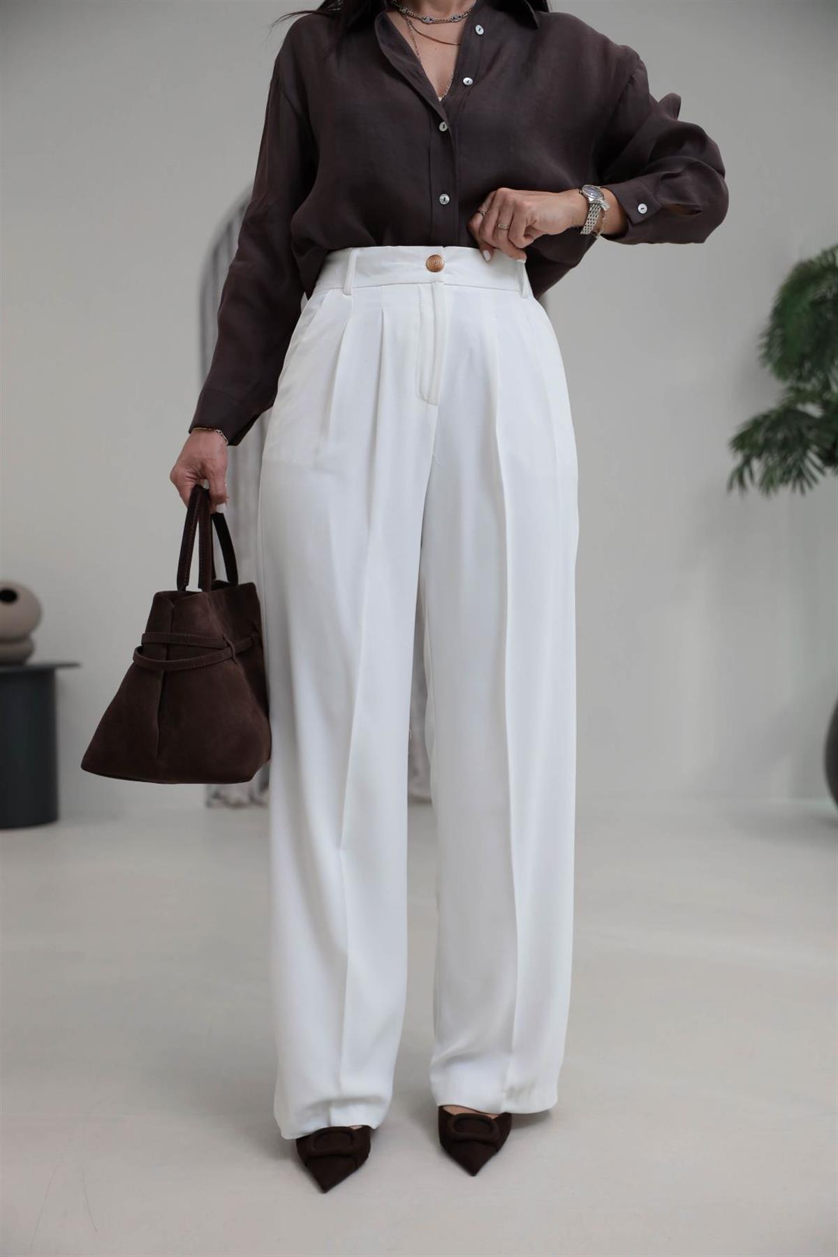 4386S Gold Düğmeli Palazzo Pantolon EKRU