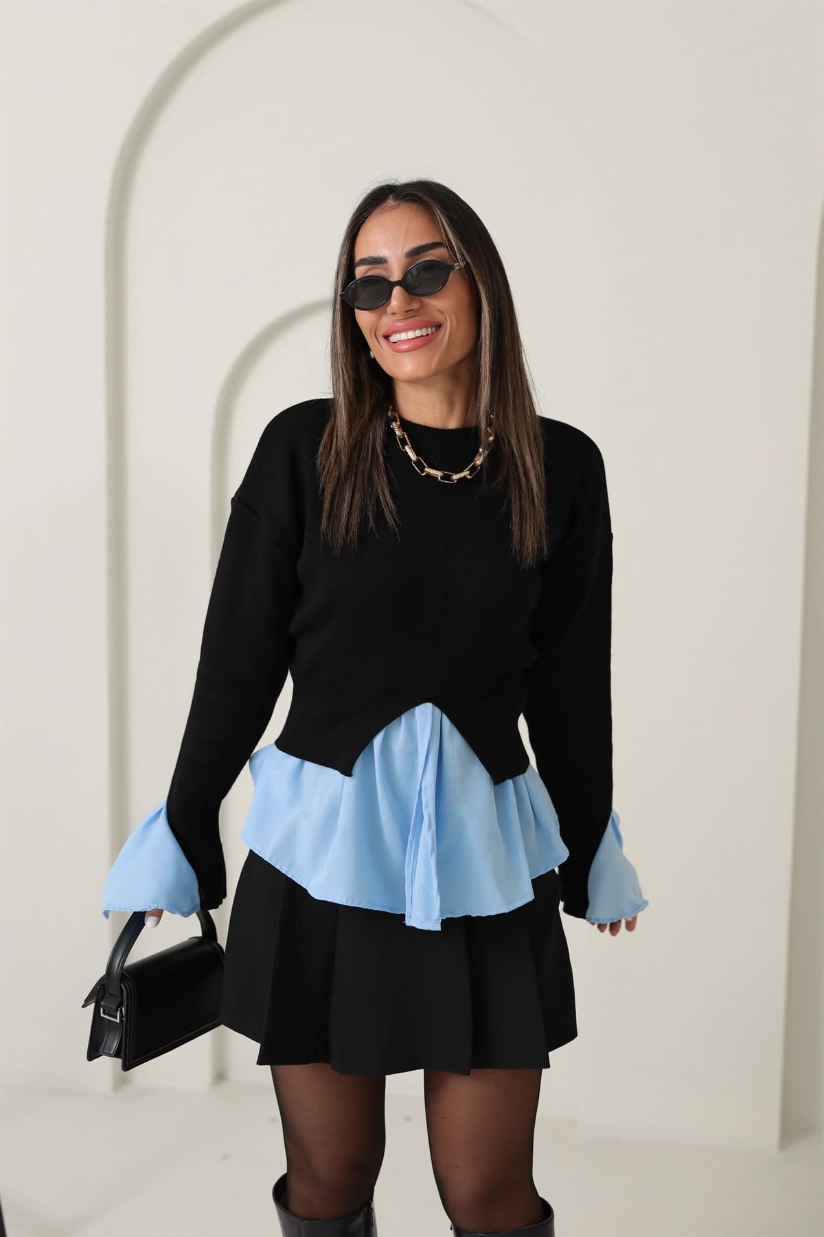 0005 Kolları ve Etek Ucu Volanlı Gömlek Detay Triko SİYAH