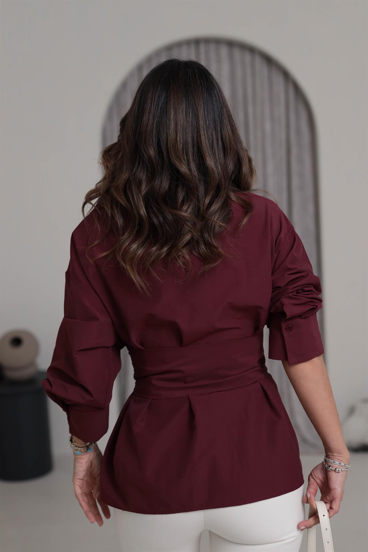 3165 Kruvaze Kuşaklı Poplin Gömlek Bluz BORDO