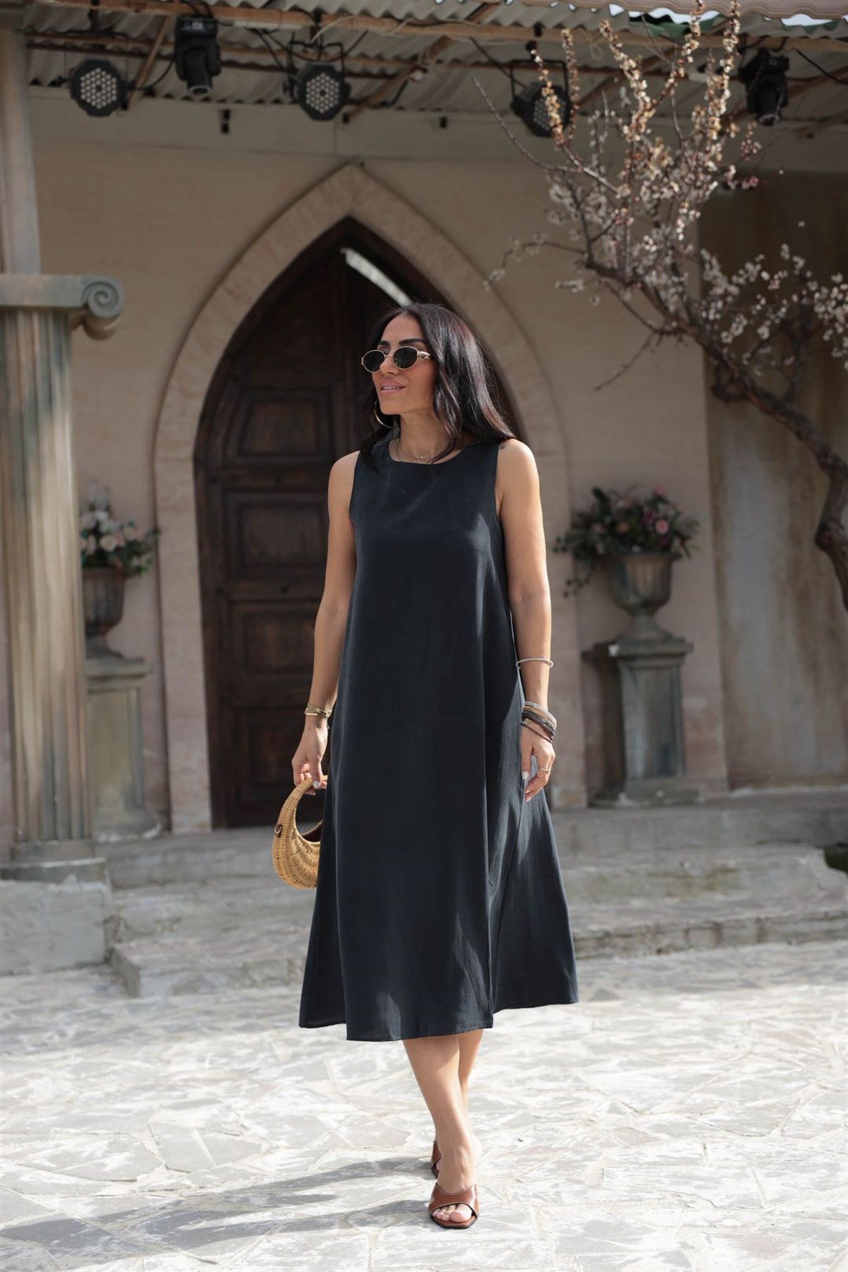 5007 Sıfır Kol Tencel Uzun Elbise FÜME