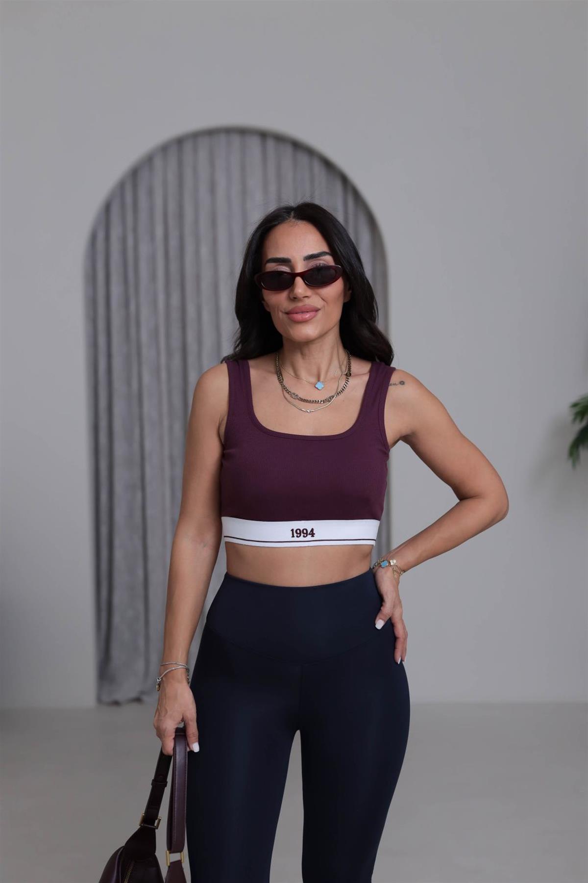 0784 Kalın Askılı Yazı Detaylı Kaşkorse Crop MÜRDÜM