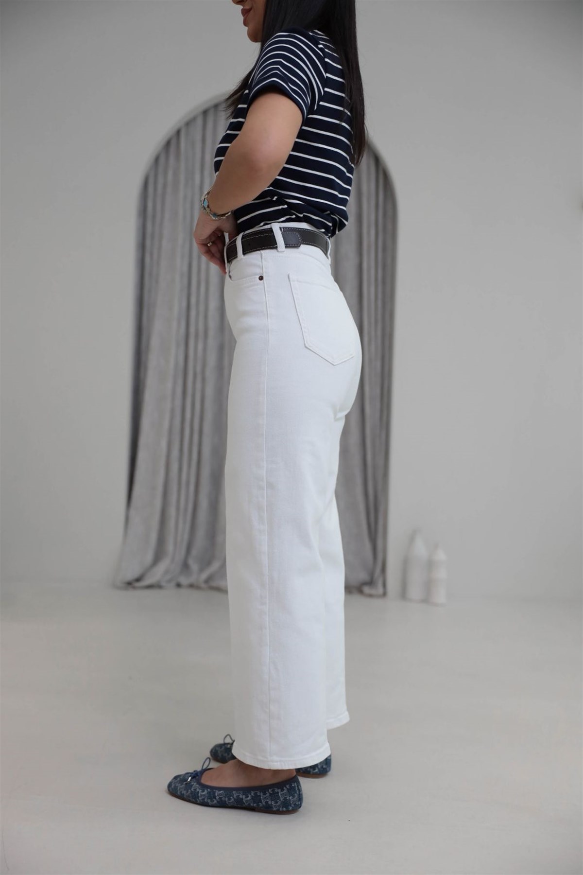 Kemerli Yüksek Bel Culotte Jean EKRU