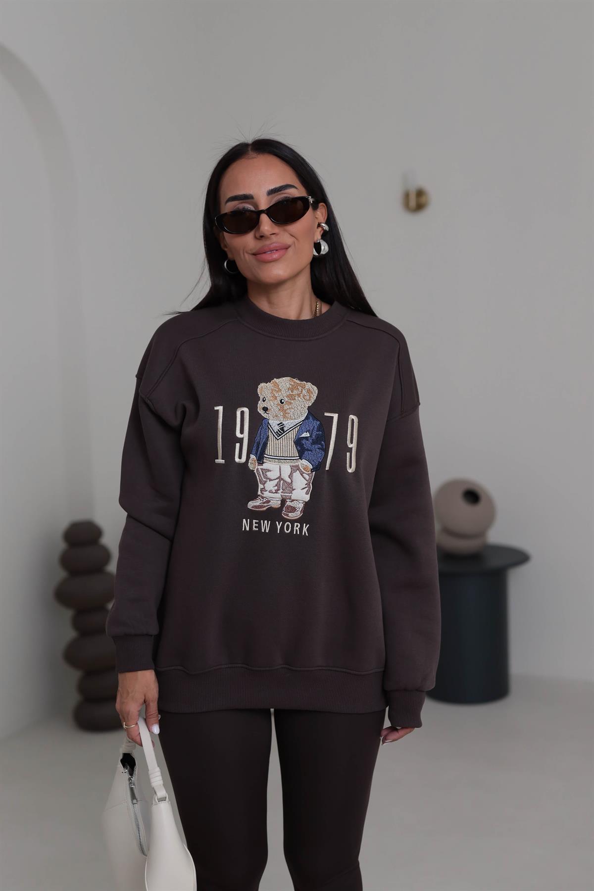 0417 Bisiklet Yaka Şardonlu Teddy Baskılı Sweatshirt ACI KAHVE