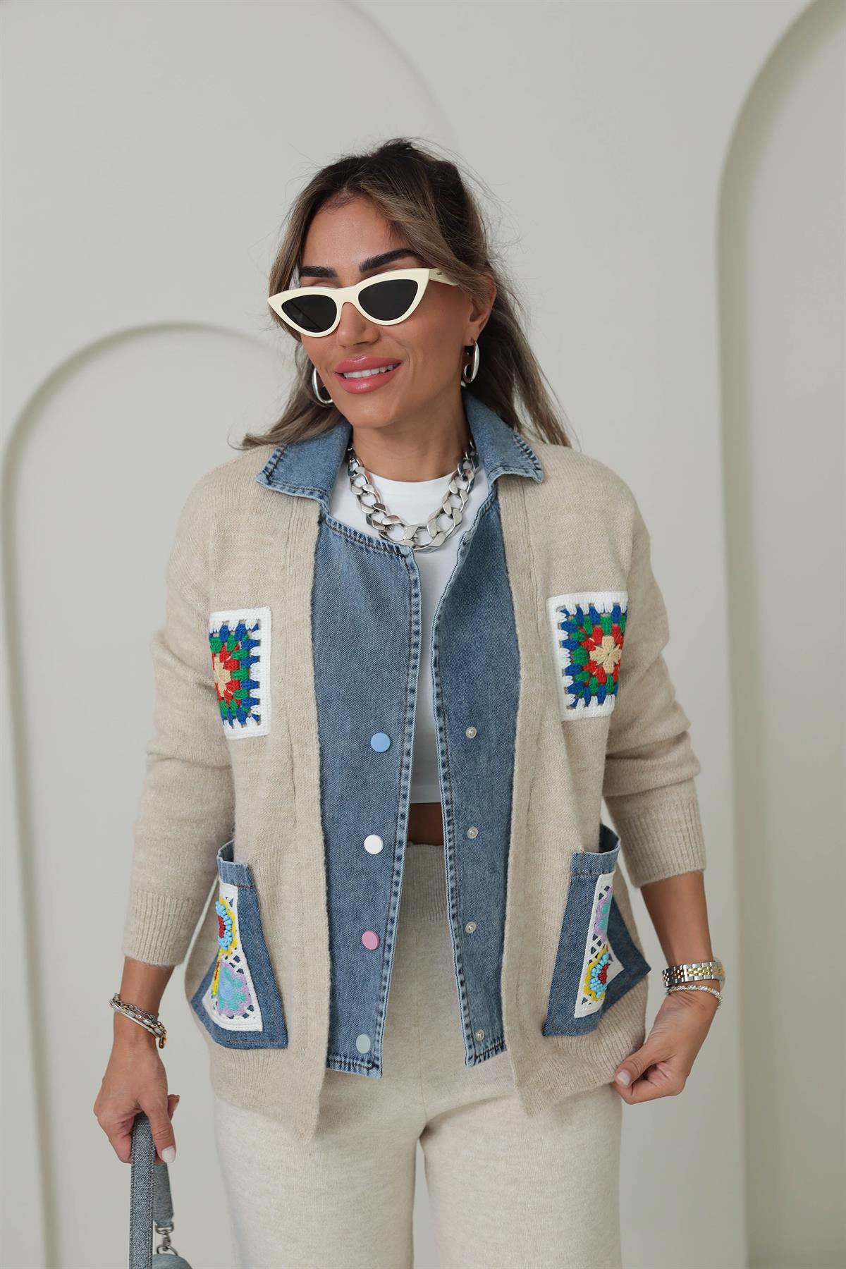 4616 Kot Mixli Nakış İşlemeli Triko Hırka