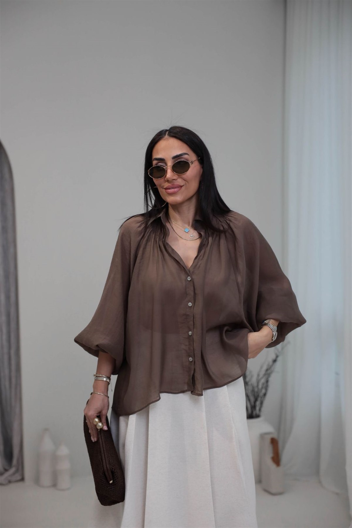 5018 Büzgü Detaylı Tencel Gömlek KAHVE