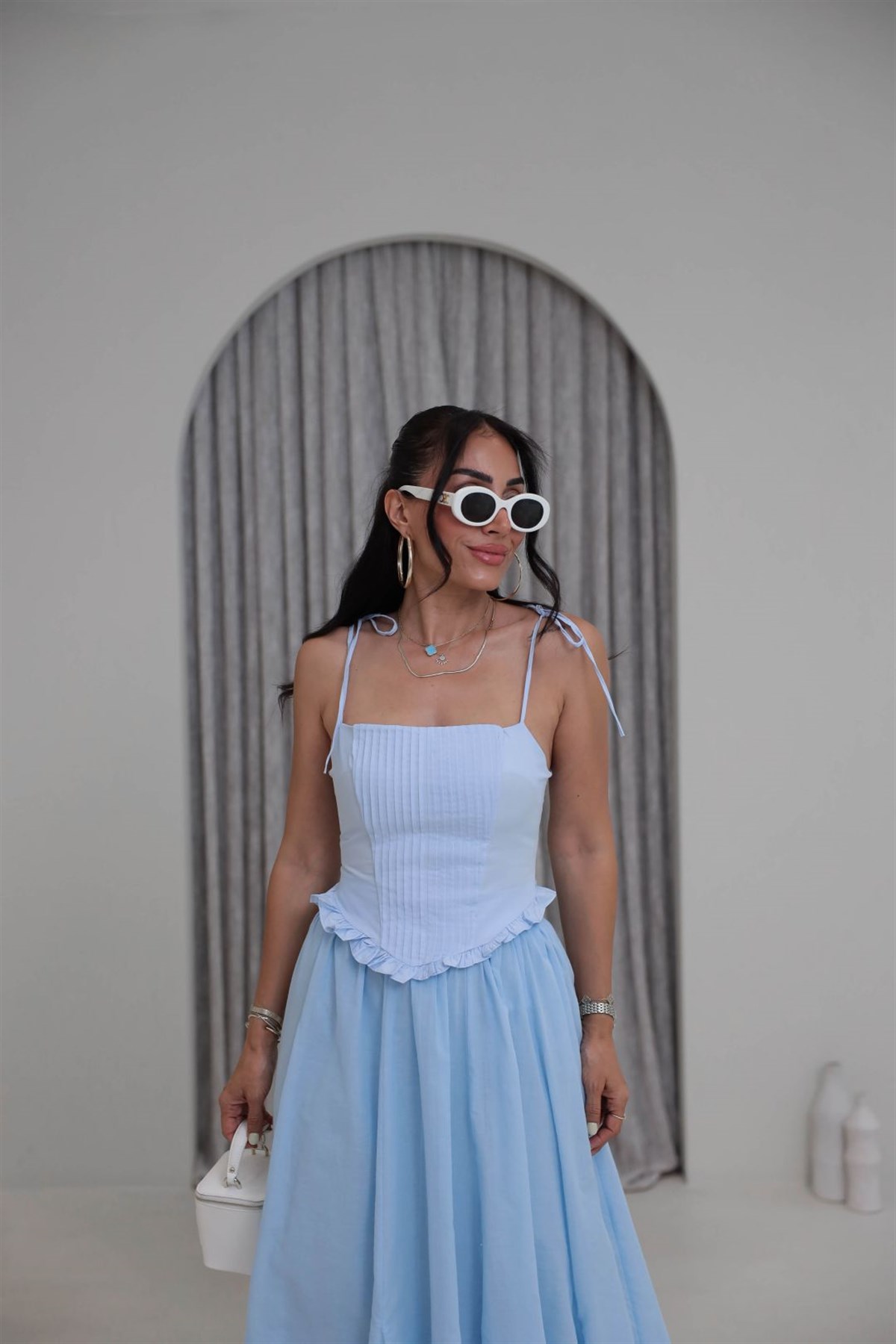 4192 Nervürlü Bağcık Askılı Korse Bluz BEBE MAVİ
