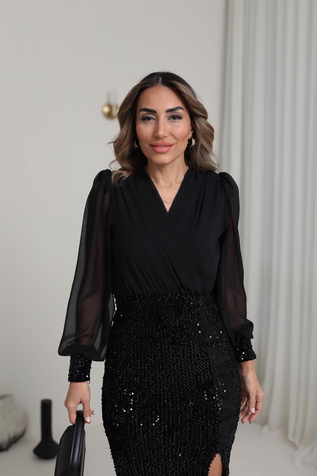 3594 Kruvaze Yaka Eteği Pul ve Yırtmaç Detaylı Elbise SİYAH