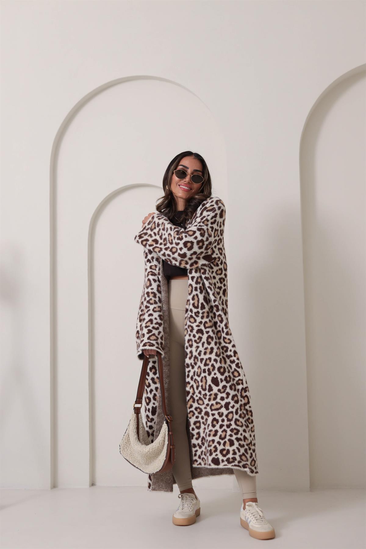 4381 Leopar Desenli Uzun Hırka