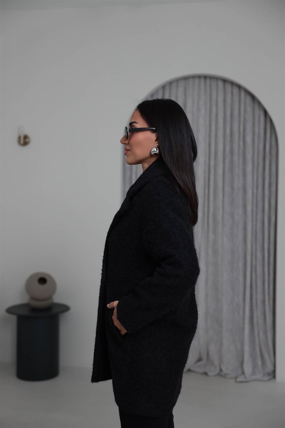 9699 Çift Düğmeli Buklet Kaban SİYAH