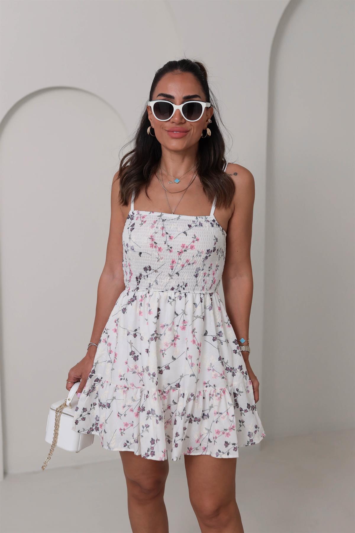 0014 Askılı Çiçekli Üstü Gipeli Elbise BEYAZ