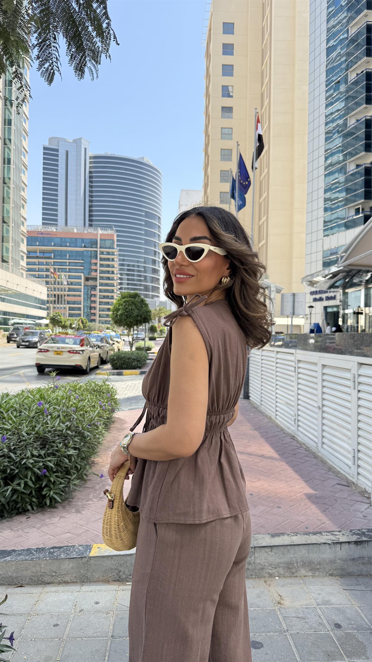 DXB Büzgü Detaylı Bel Lastikli Keten Takım KAHVE