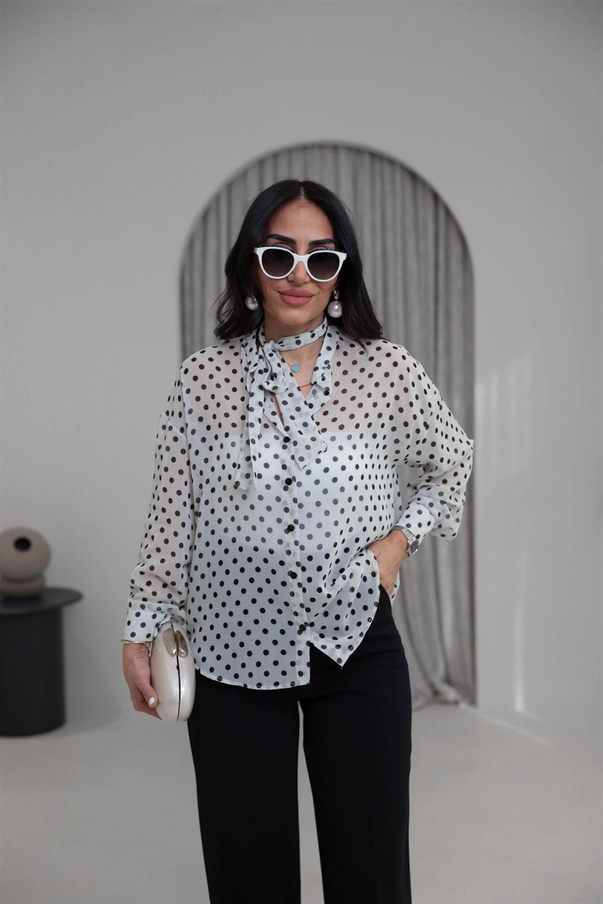 4130 Fular Detay Puantiyeli Şifon Gömlek EKRU