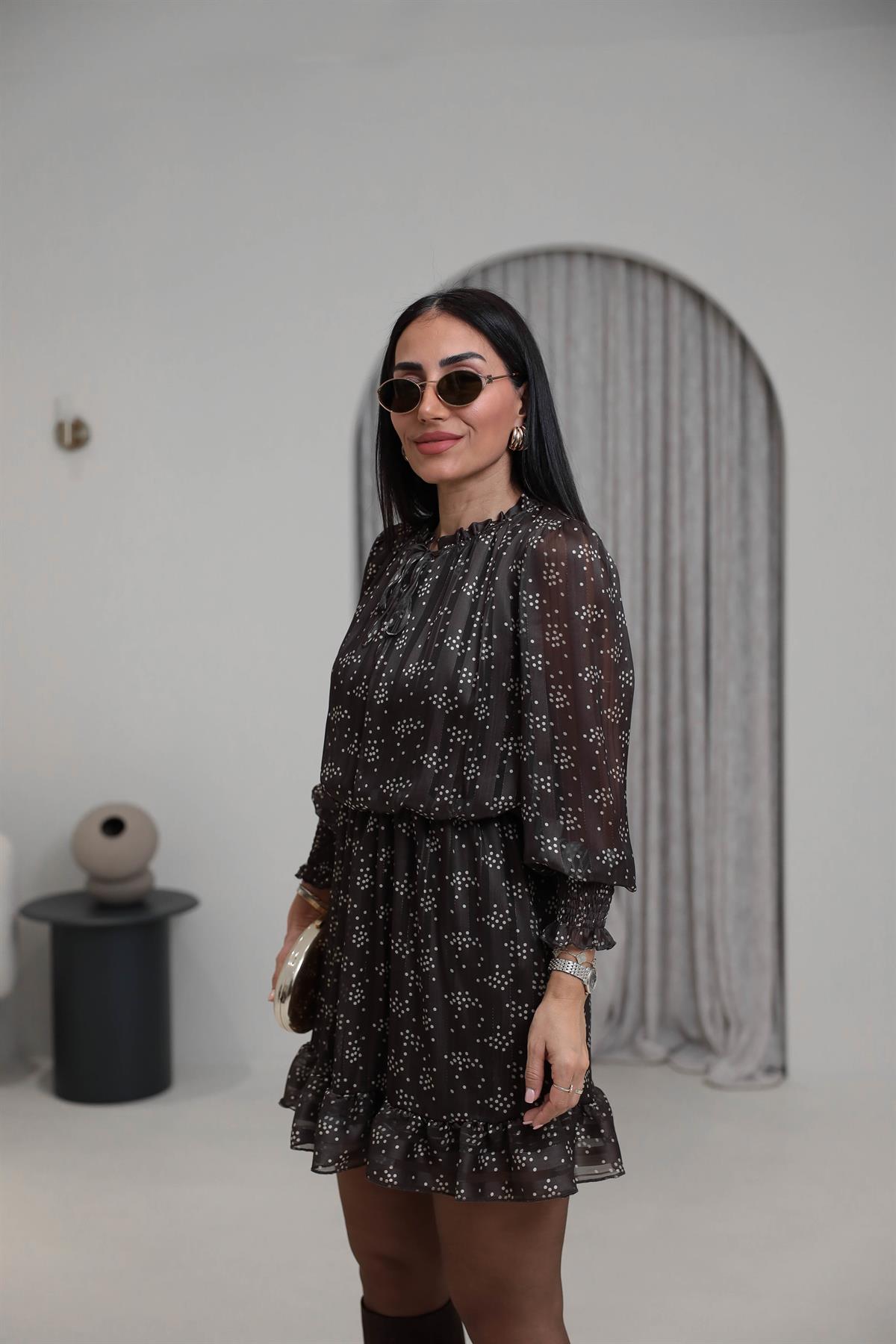 9273 Puantiyeli Yaka Detaylı Elbise KOYU KAHVE