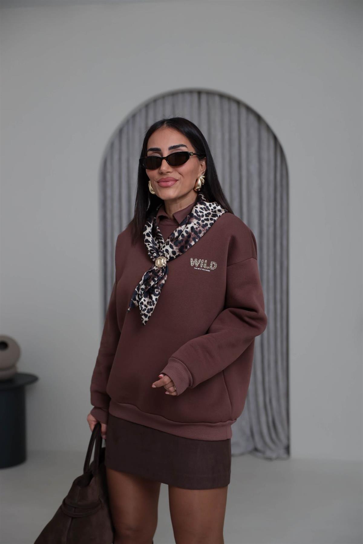 0613 Polo Yaka Fular Detaylı Şardonlu Sweatshirt KAHVE