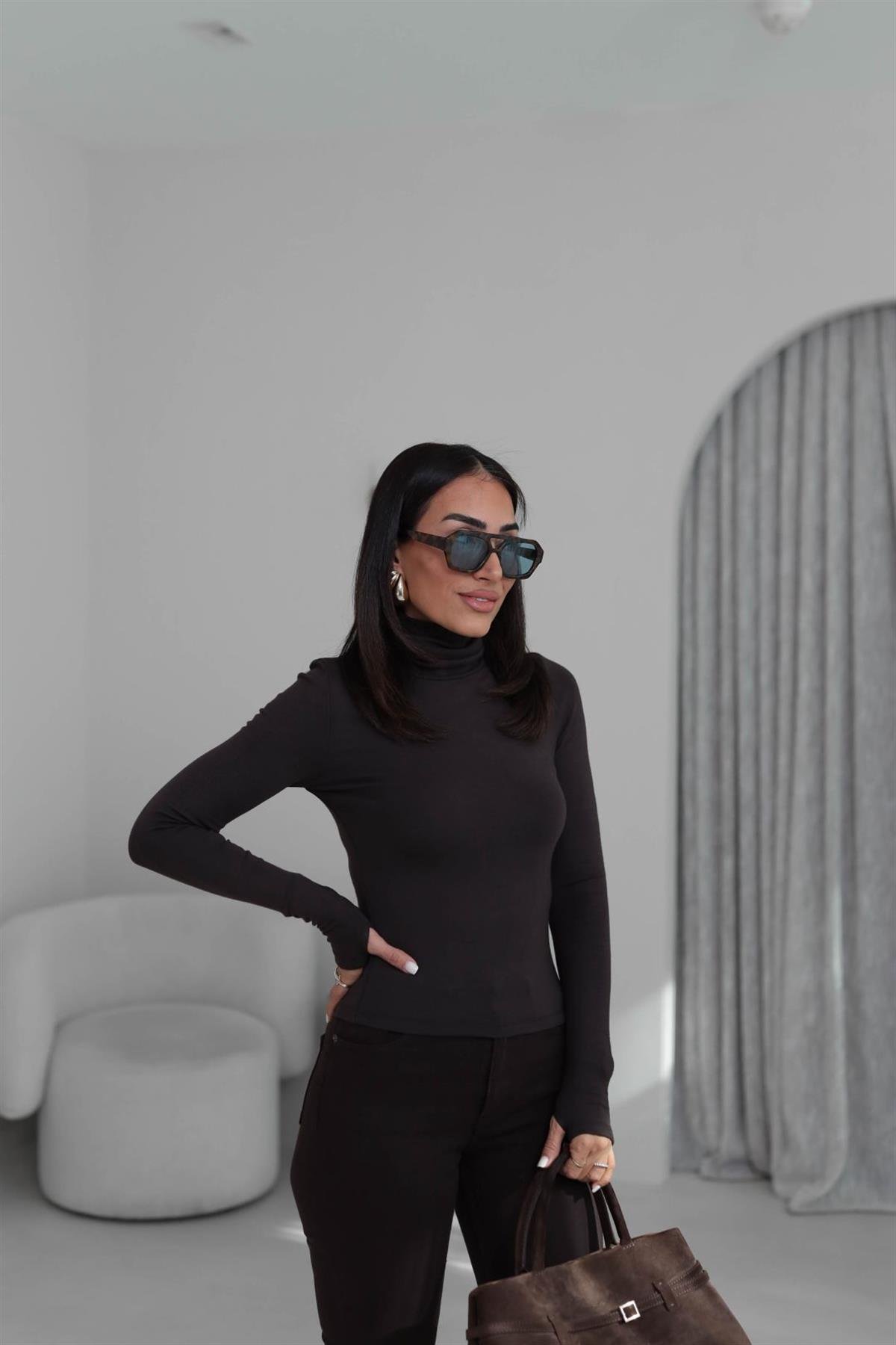 1710 Kolu Yırtmaçlı Balıkçı Yaka Bluz KAHVE