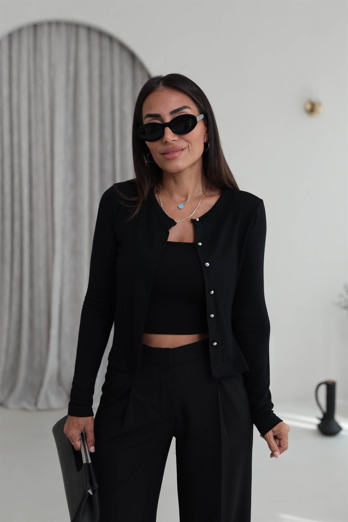 2122 Düğme Detaylı İnce Hırka SİYAH