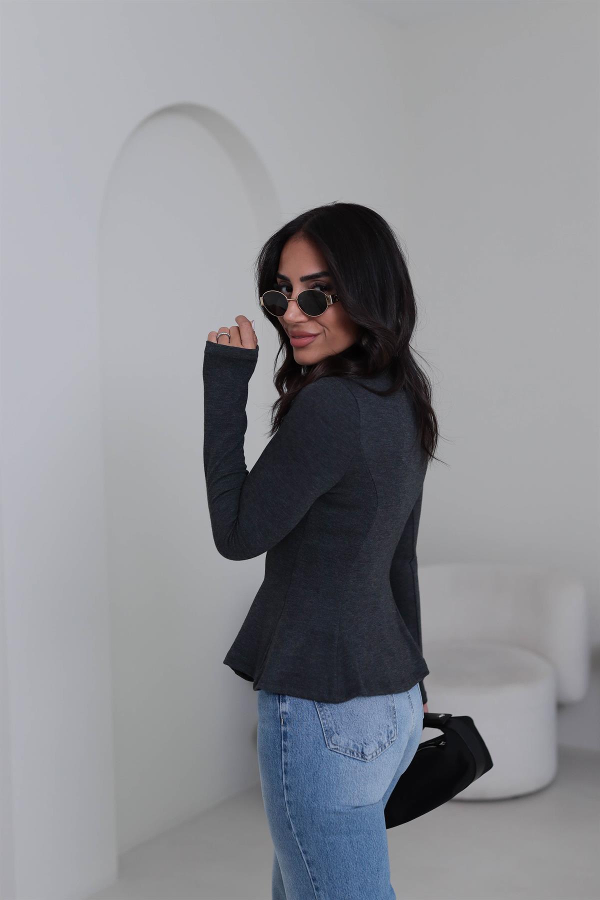 2038 Uzun Kollu Peplum Bluz ANTRASİT