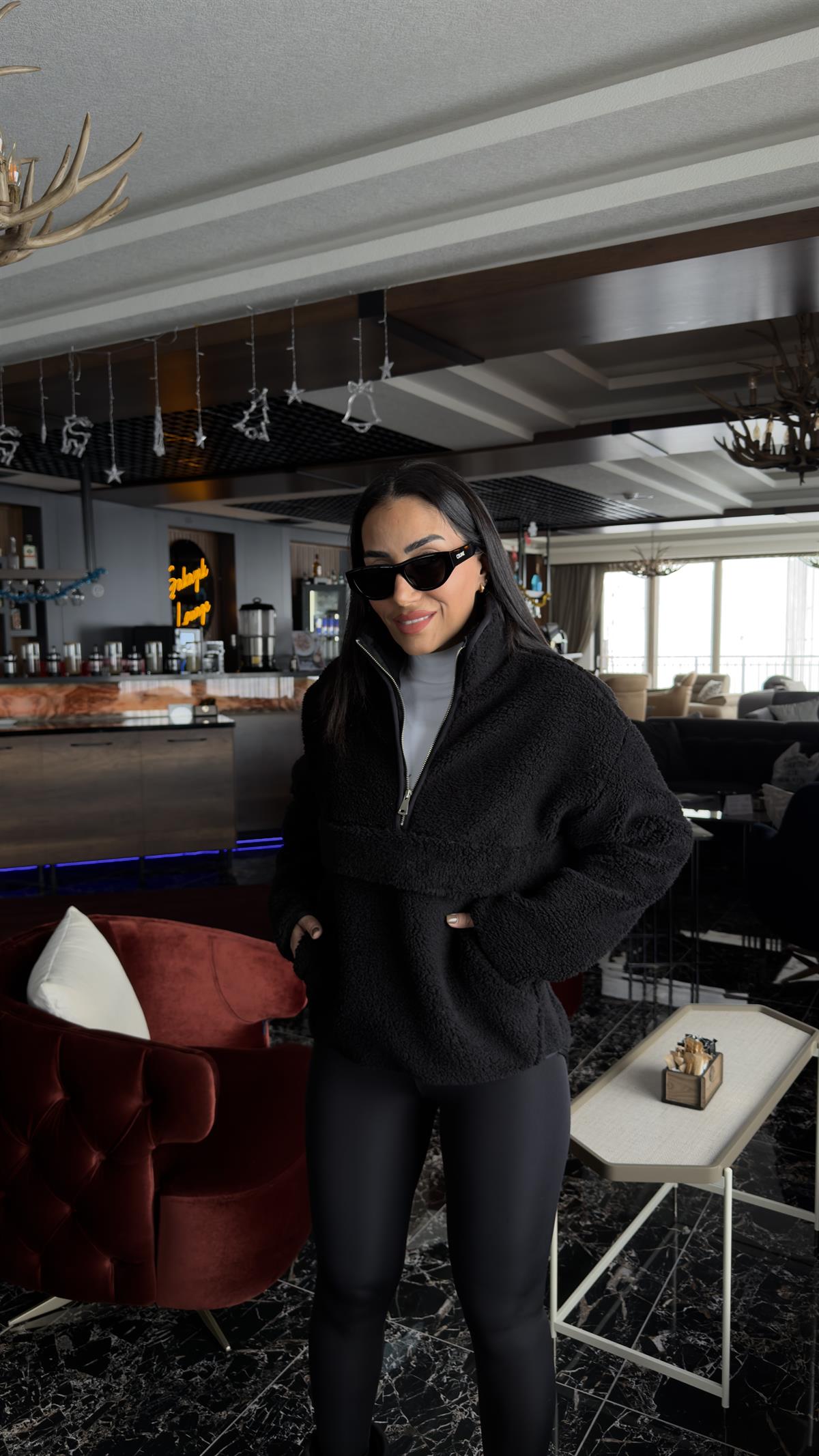 0628 Yarım Fermuarlıı Kanguru Cep Teddy Sweatshirt SİYAH