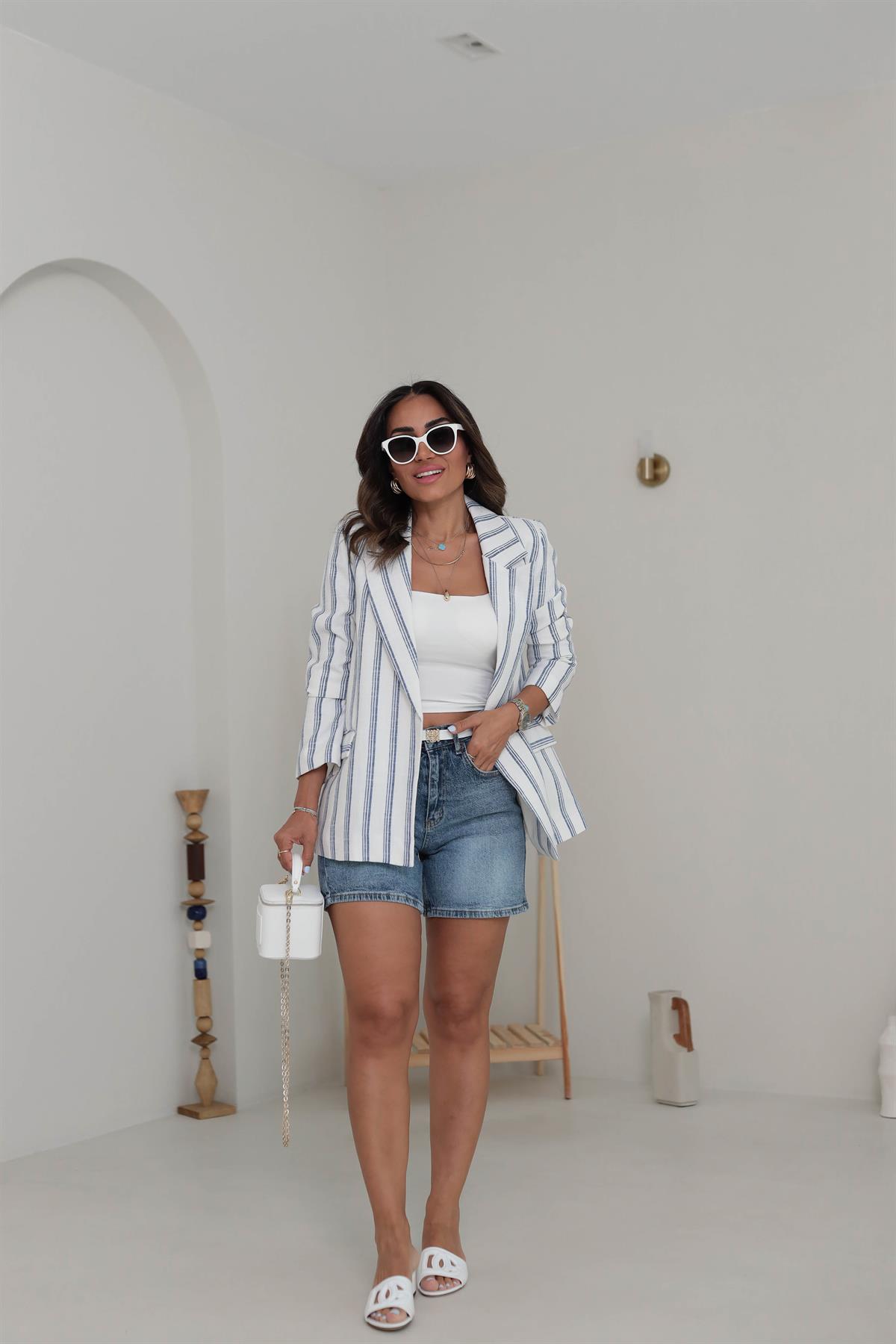 9424 Çizgili Keten Blazer Ceket MAVİ