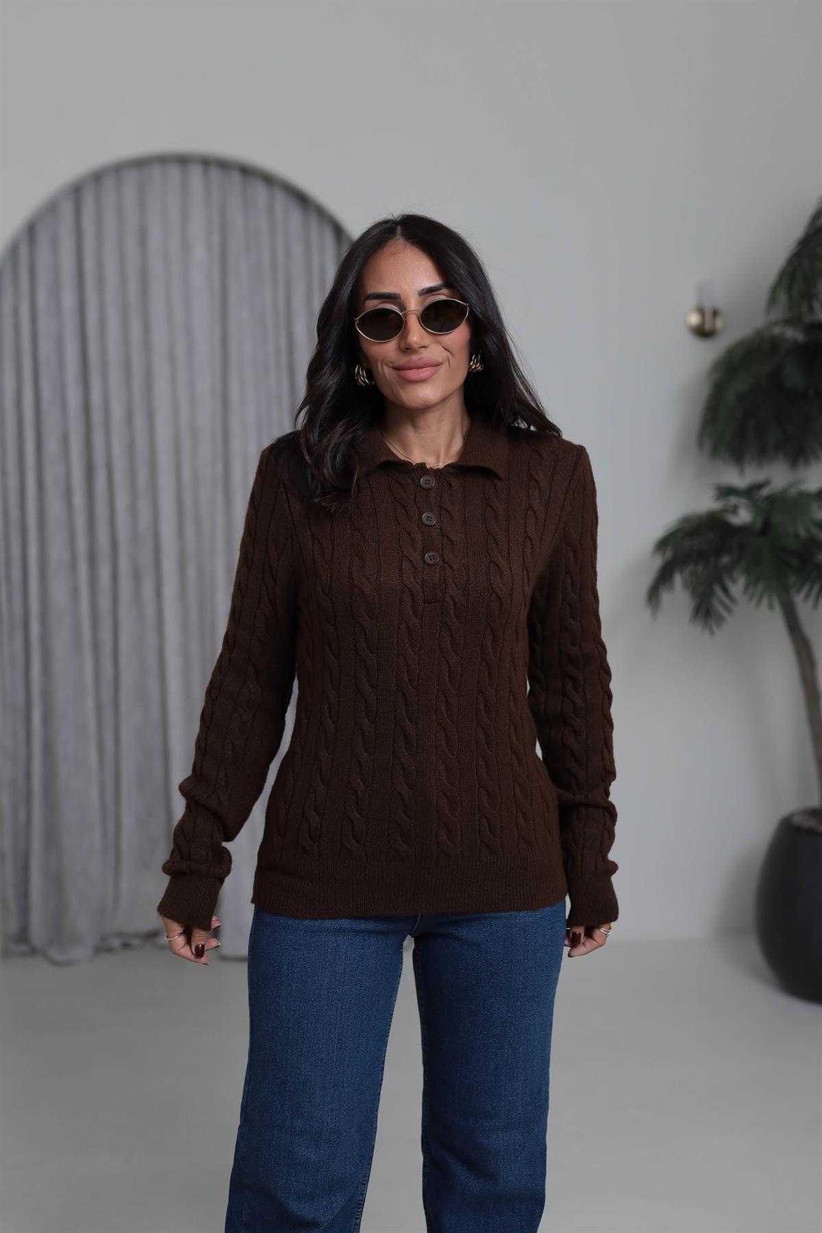 0145 Saç Örgü Polo Yaka Rahat Kazak KAHVE